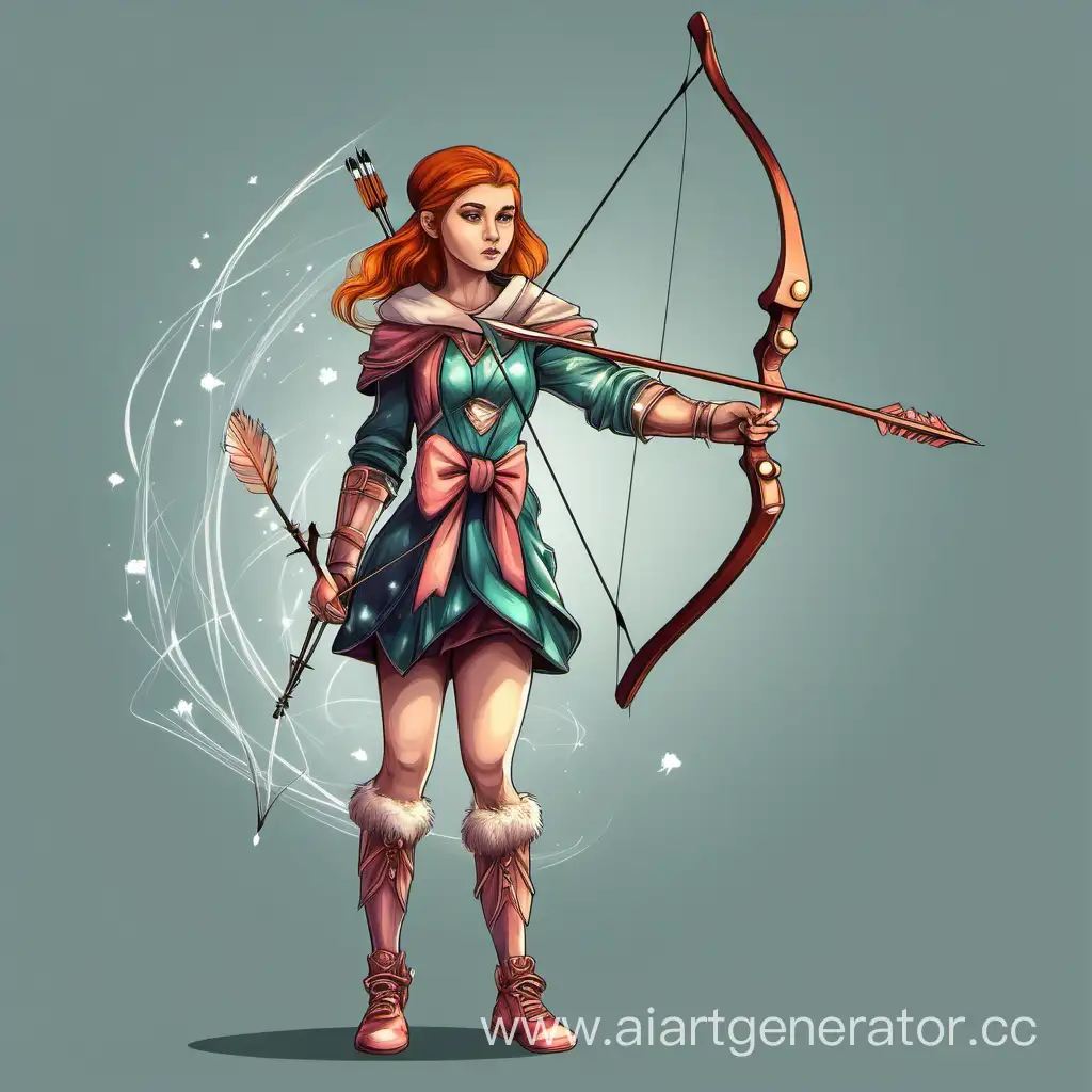 Девочка с луком и стрелами в магической одежде без фона в полный рост.