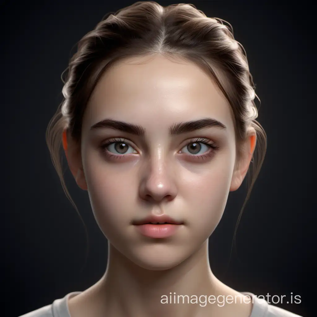 Photorealistic 8k portrait of a young * Age: 19 years * Expression: neutral and engaging * Skin texture: realistic and detailed * Makeup: natural and subtle * Eyes: detailed and expressive * Eyebrows: well-defined and natural * Resolution: 8k * Style: photorealistic * Features: detailed and harmonious * Pose: frontal