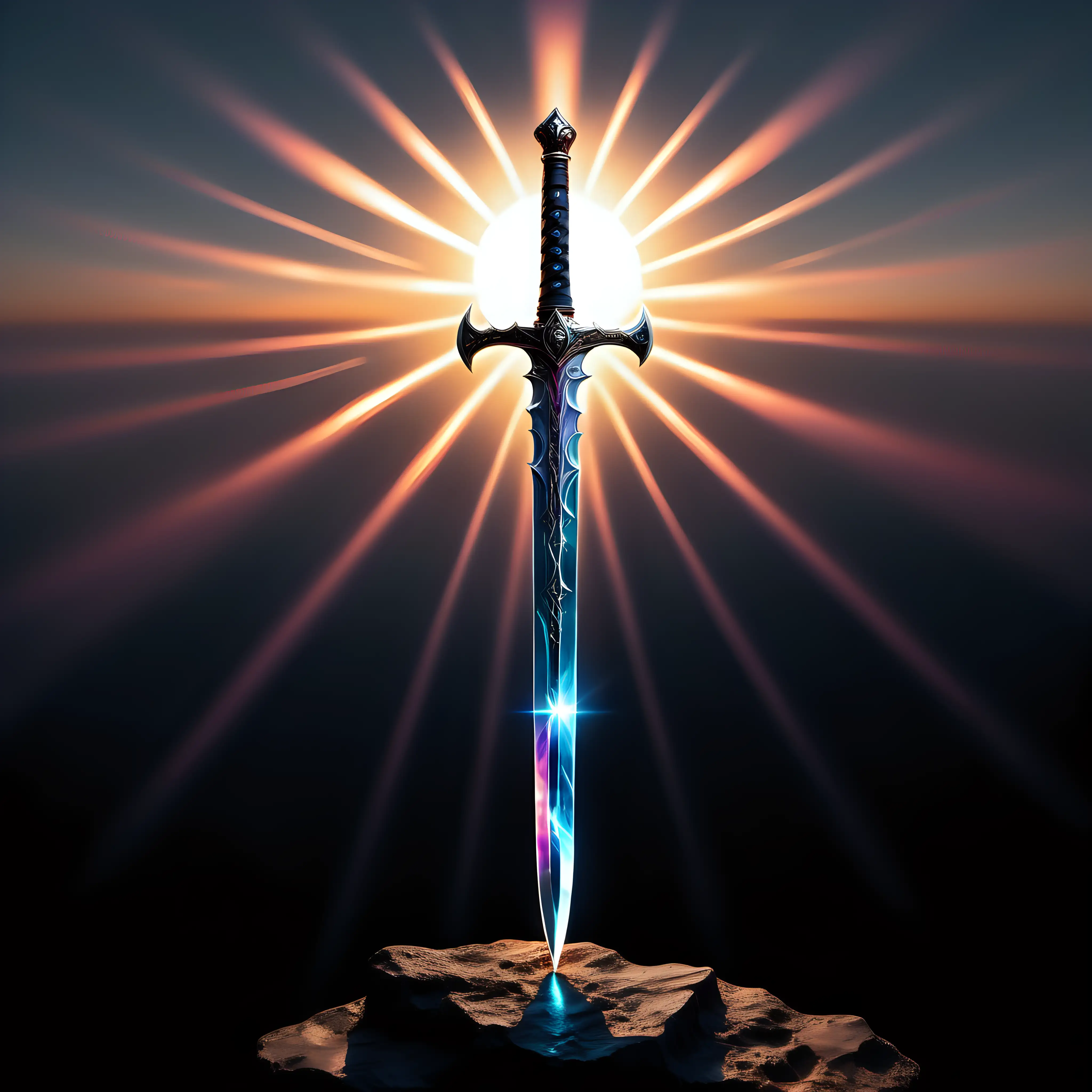 A luminous sword with the sky's sunset colors gradually fading on its surface and with sun rays on a transparent background