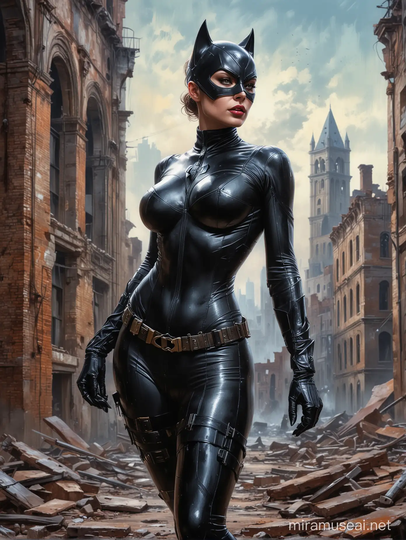 Attractive Catwoman. Sensual, Attractive strong colours, a Cinematic, Stunningly detailed, Oil Painting technique. with in city ruins. surreal, full body, big tits, ass