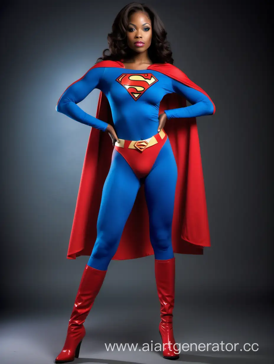A beautiful African American woman with long, straight hair, age 28. She is happy and muscular. She is wearing a Superman costume with (blue leggings), (long blue sleeves), red briefs, red boots, and a long cape. Her costume is made of very soft cotton fabric. The symbol on her chest has no black outlines. She is posed like a superhero, strong and powerful. In the style of a 1980s movie.