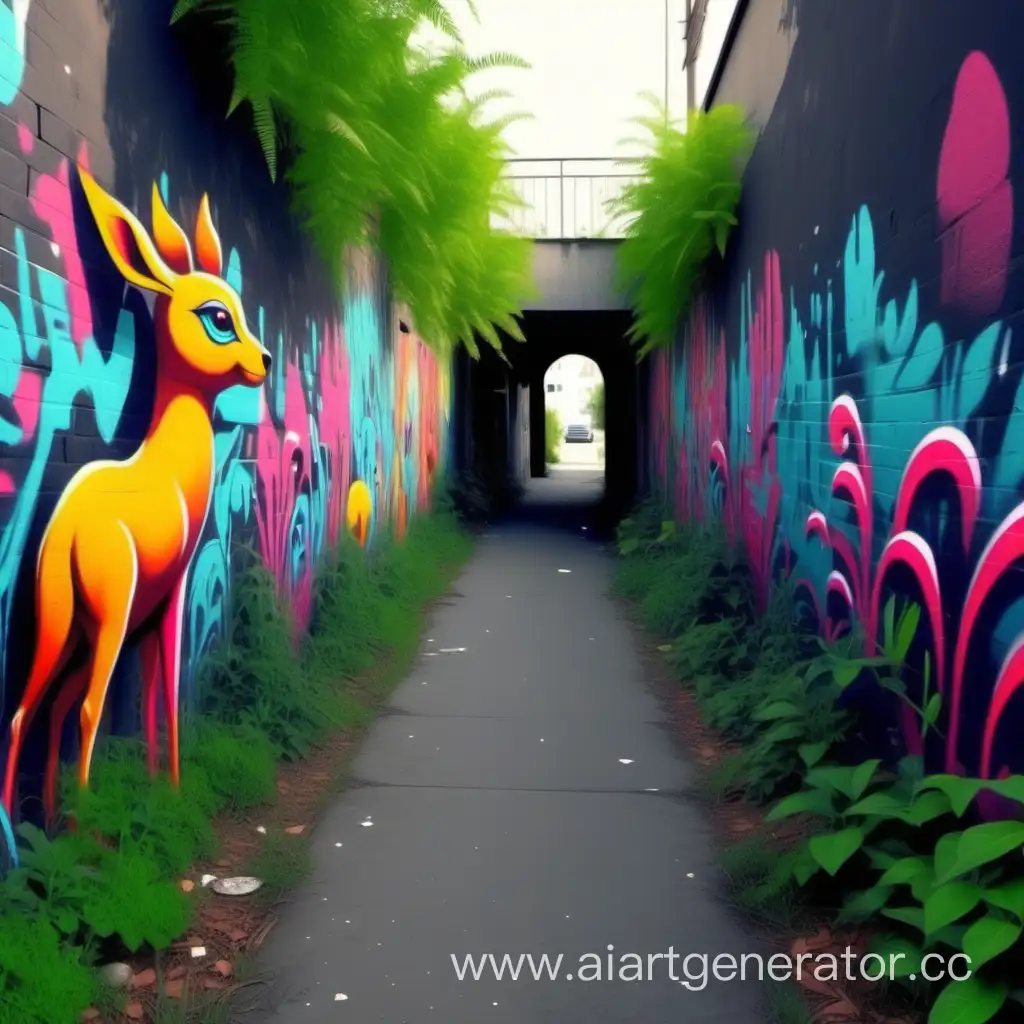 Street art, street graffiti: depicts a passage to a parallel reality, an alternative beautiful world with fantasy plants and animals. Very beautiful. Bright colors. Light. Best quality. 4k