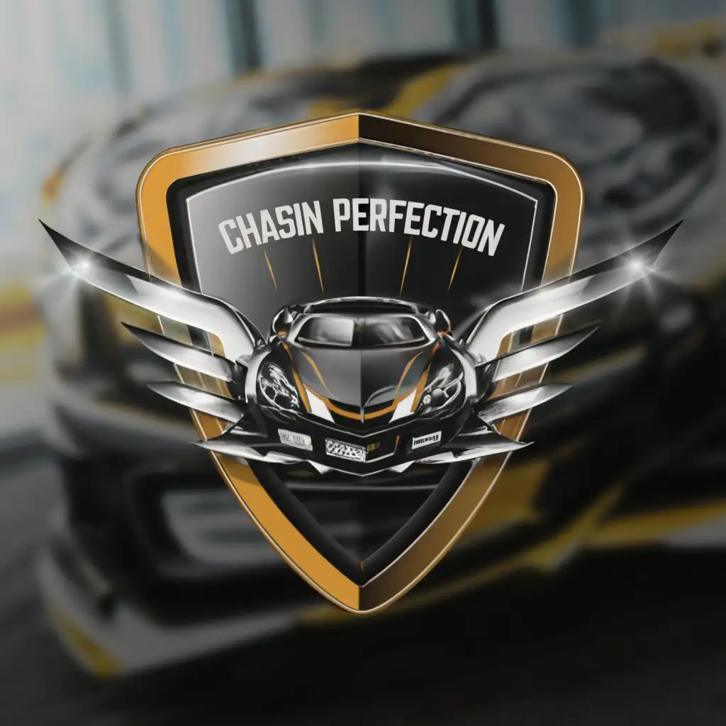 a logo design,with the text "CHASING PERFECTION", main symbol:SHIELD, MODERATED. BE USED IN AUTOMOTIVE INDUSTRY. MODIFIED CAR IN BACKGROUND,Moderate,clear background