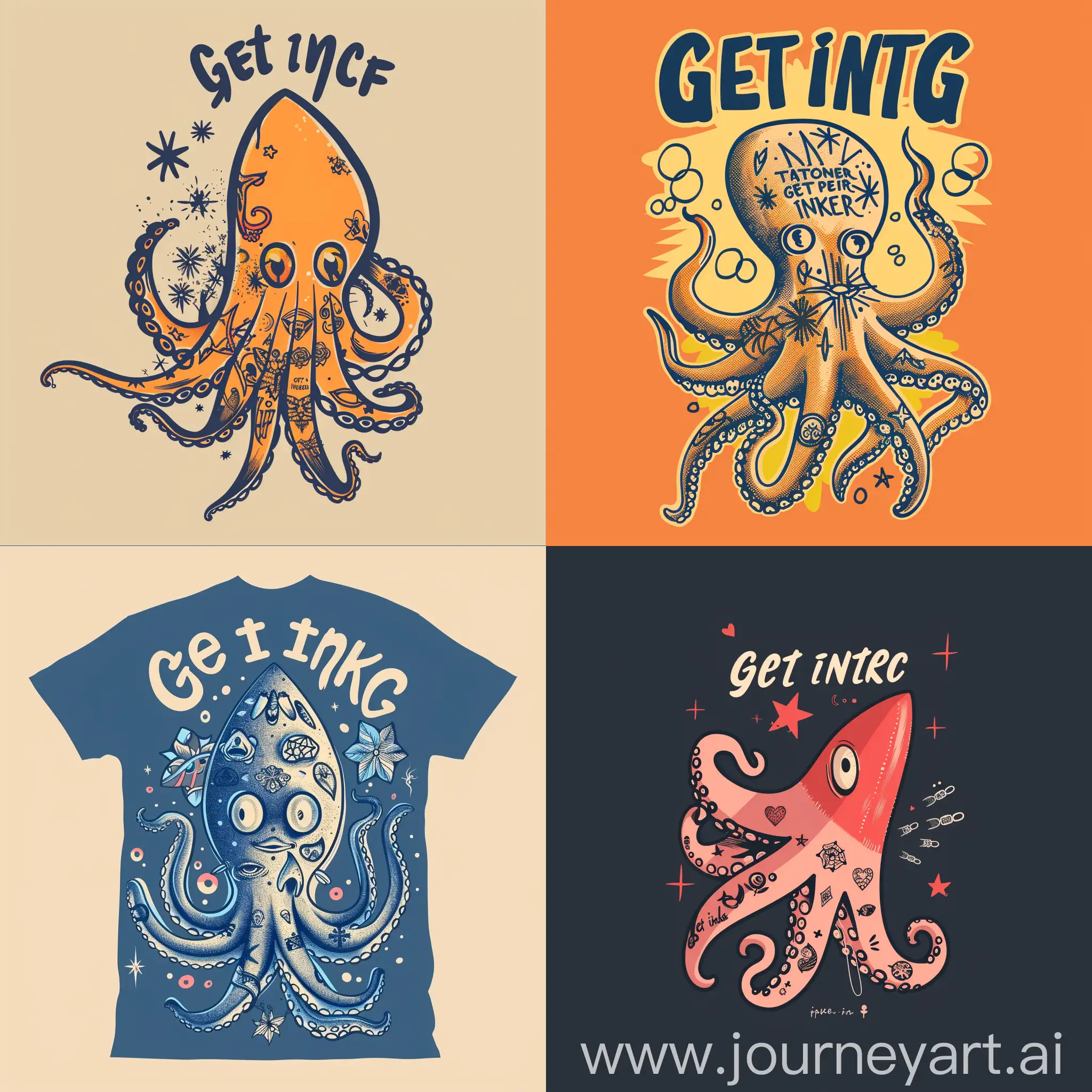 Tee shirt design a cute squid with tatoos and above the squid the words Get inked