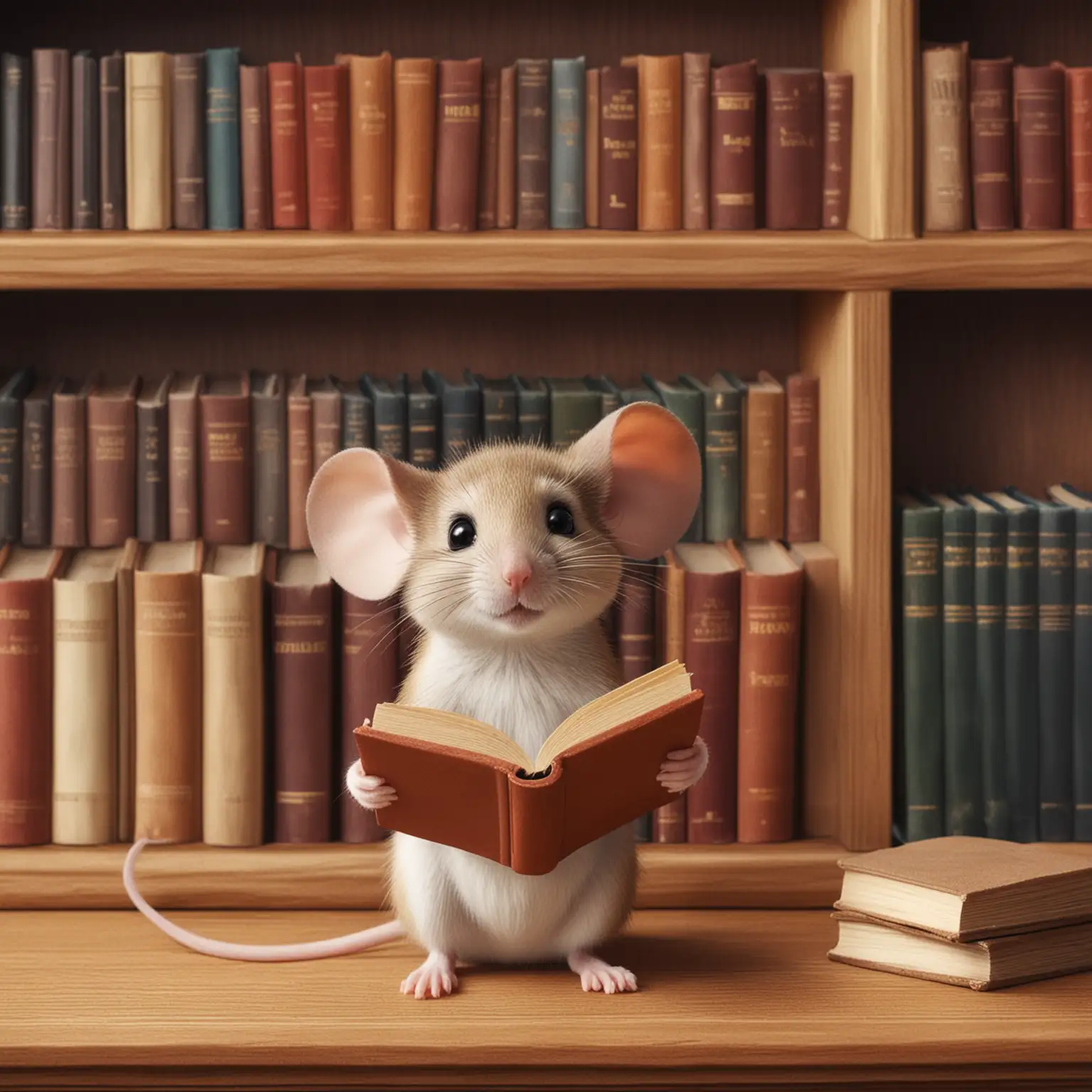 Το ποντικάκι βρίσκεται μπροστά από ένα ράφι με βιβλία και διαβάζει