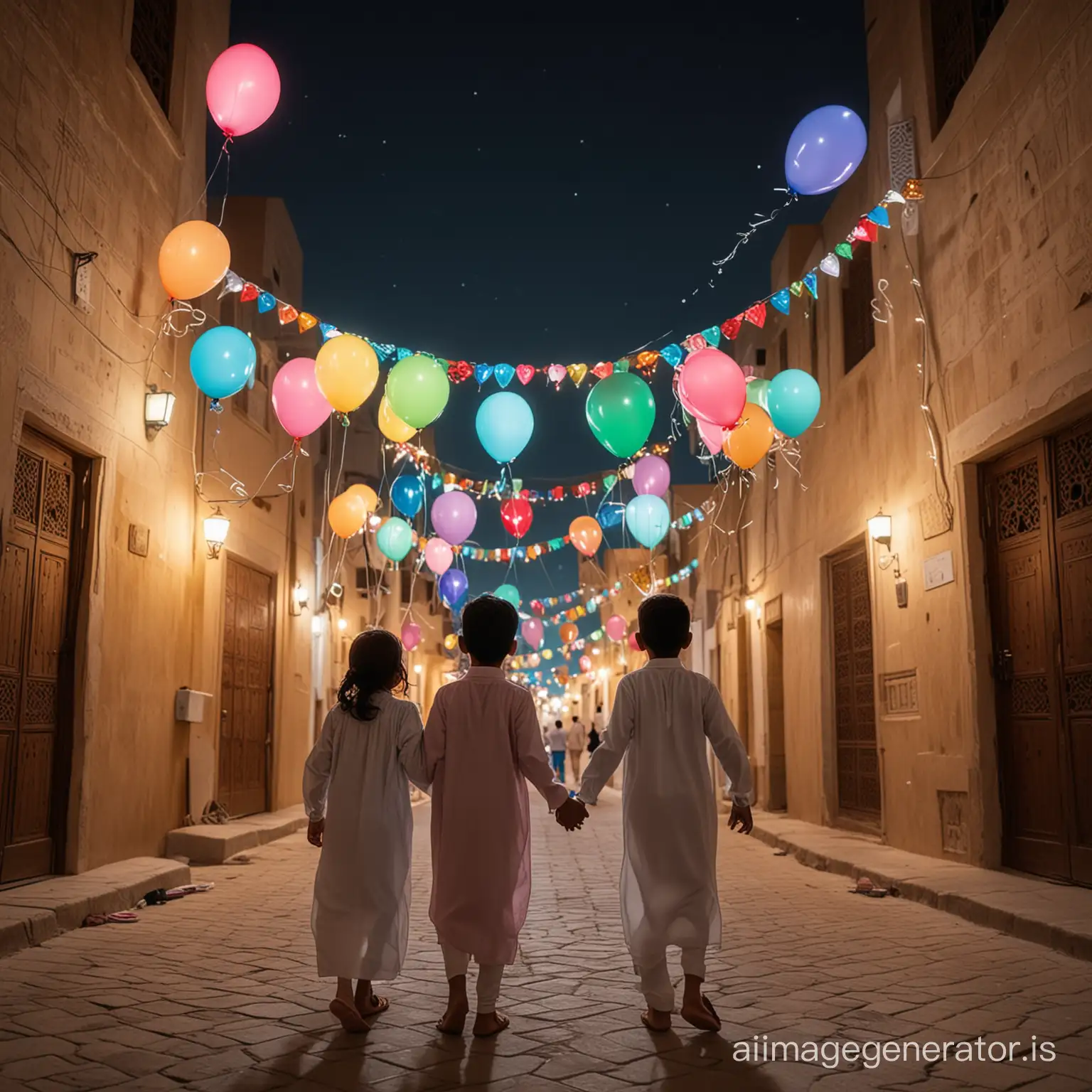 back view Joyful Arab Children Celebrating Eid ul Fitr with Balloons and Candy at Night