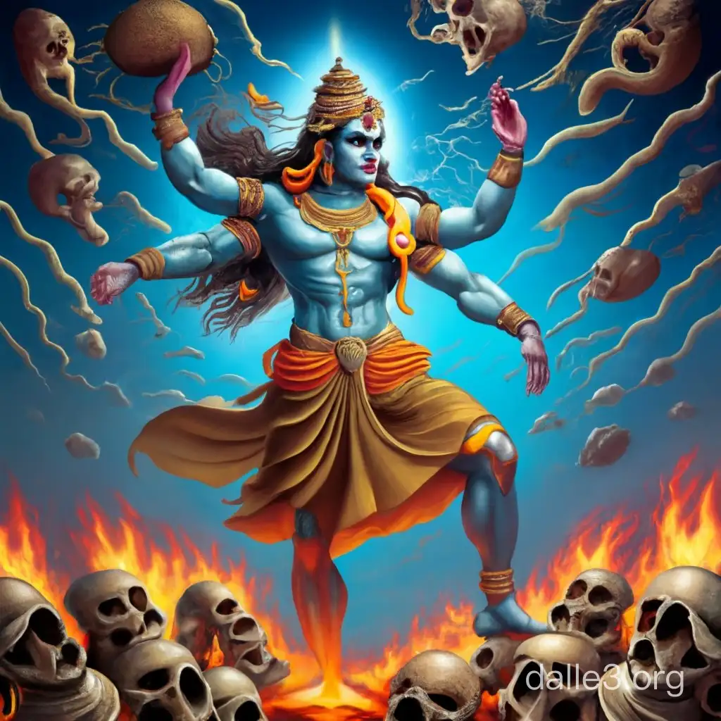 Dall-E, create a hyper-realistic image of Lord Shiva in Veerbhadra form, passionately dancing on demon skulls surrounded by intense flames, capturing the fierce expression in his eyes.