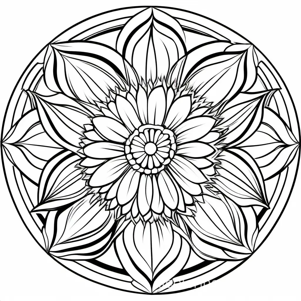 A FLOWER MANDALA, Coloring Page, black and white, line art, white background, Simplicity, Ample White Space. The background of the coloring page is plain white to make it easy for young children to color within the lines. The outlines of all the subjects are easy to distinguish, making it simple for kids to color without too much difficulty
