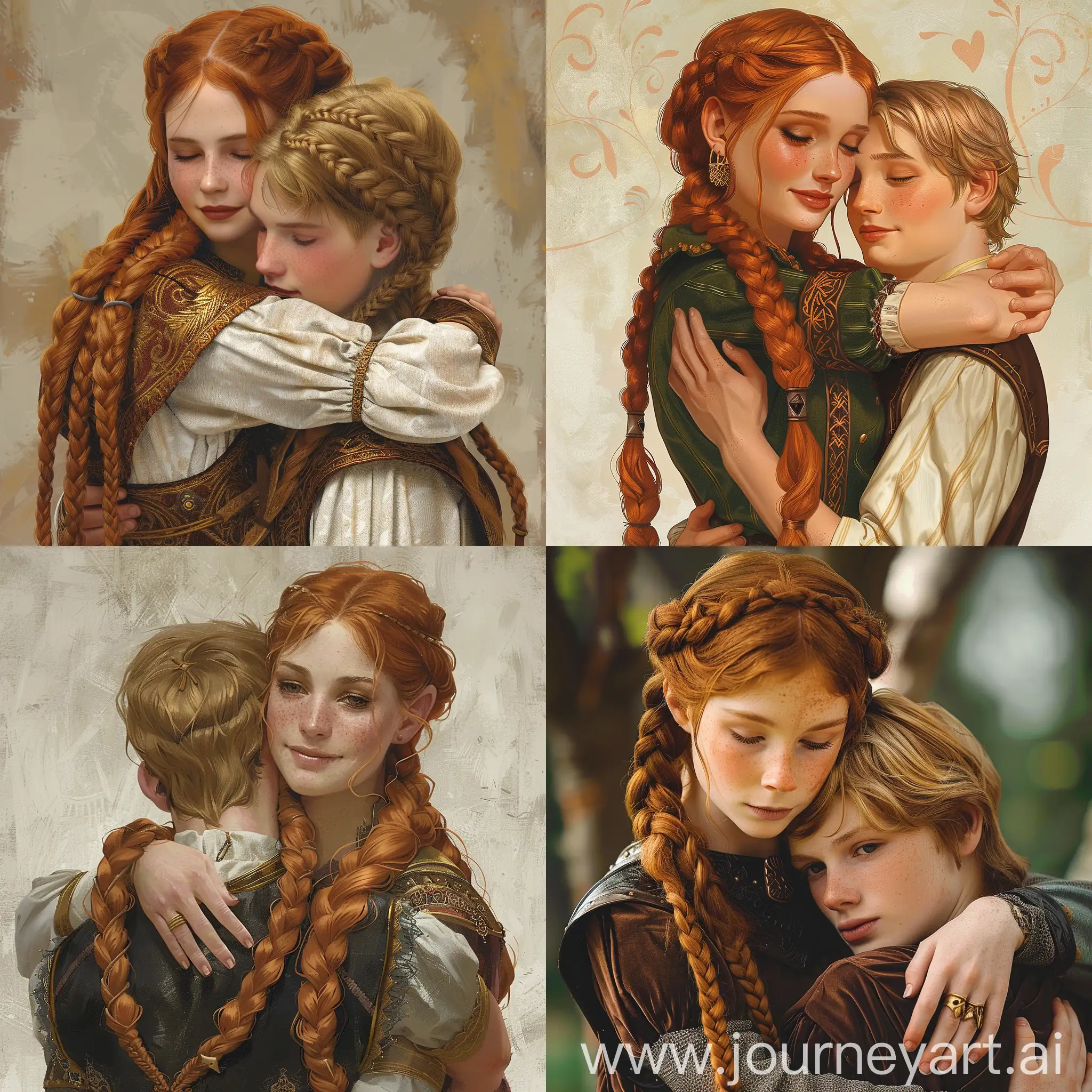 In the style of a medieval romance novel book cover. A young 25 year old woman, attractive, with ginger hair in long double braids. Seductive outfit. She is hugging 25 year old young man with blonde hair.
