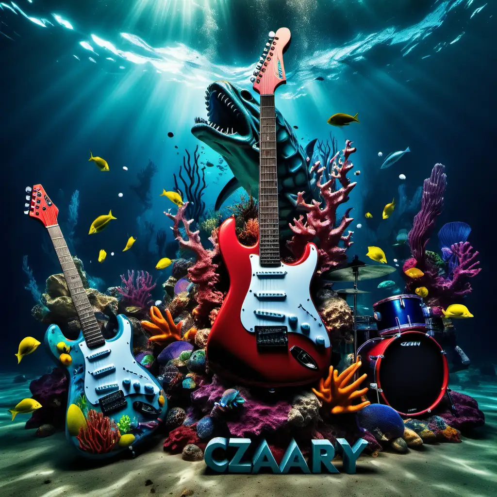 The photo was created with a professional graphics program with intense colors. It contains an electric guitar, a stand with a microphone, drums and a small inscription matching the background "Czary", all in a marine underwater atmosphere. The goal is to create a dynamic and colorful composition.