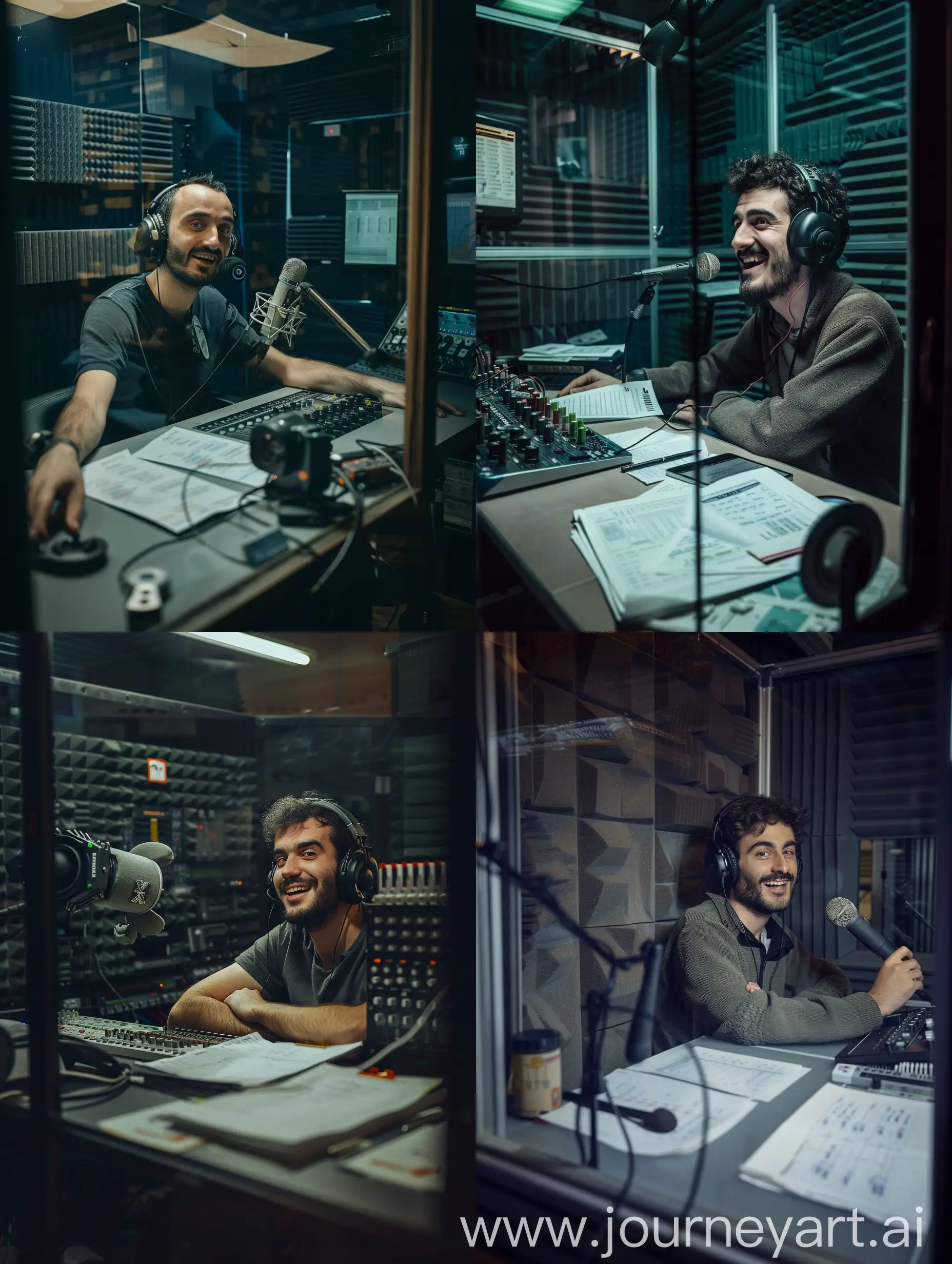 A 26 year old male Italian radio speaker speaks into the microphone, in his small radio broadcast room. The room is very small and empty and the walls are covered in sound-absorbing material. The speaker has an amused face, is wearing a pair of headphones and has his arms resting on the table. Next to him there are some sheets of notes and a small audio mixer. In front of him there is a large glass window that divides the room from the control room. The speaker looks to the side, slightly down, straight at the lens positioned next to him. The photo is in color with a dark atmosphere
