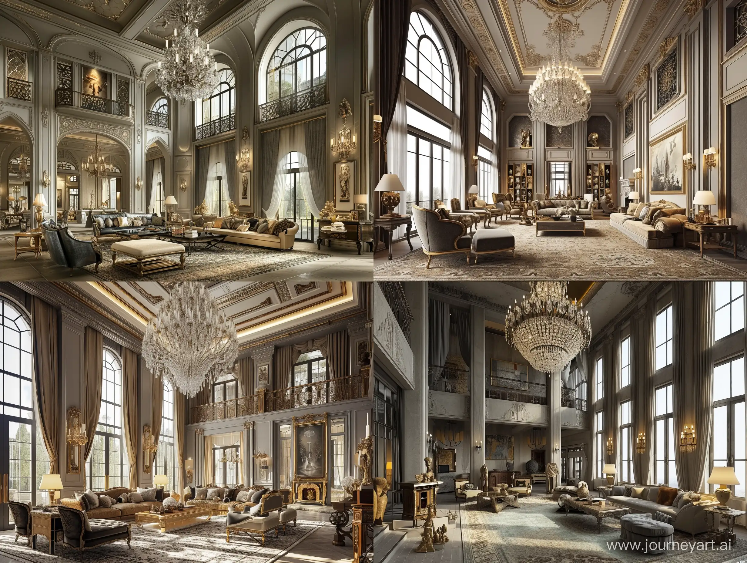 This room looks very luxurious with high ceilings, large chandeliers, and comfortable furniture.
A large chandelier hangs from the ceiling as the main source of lighting in the room.
Some luxurious furniture is placed in the room, including sofas, armchairs, and coffee tables.
The high ceiling adds a sense of space and luxury to the room.
There are many windows around the room, allowing natural light to come in.
A large carpet covers the floor, adding comfort and luxury to the room.
The walls have some decorations, such as paintings and sculptures, which add an artistic touch to the room.
The home decor in the room is very delicate, including curtains, throw pillows, and decorative items.
The lighting effect in the room is excellent, creating a warm and luxurious atmosphere.
The color matching in the room is very harmonious, using beige and gray as the main colors, paired with gold and black decorations.