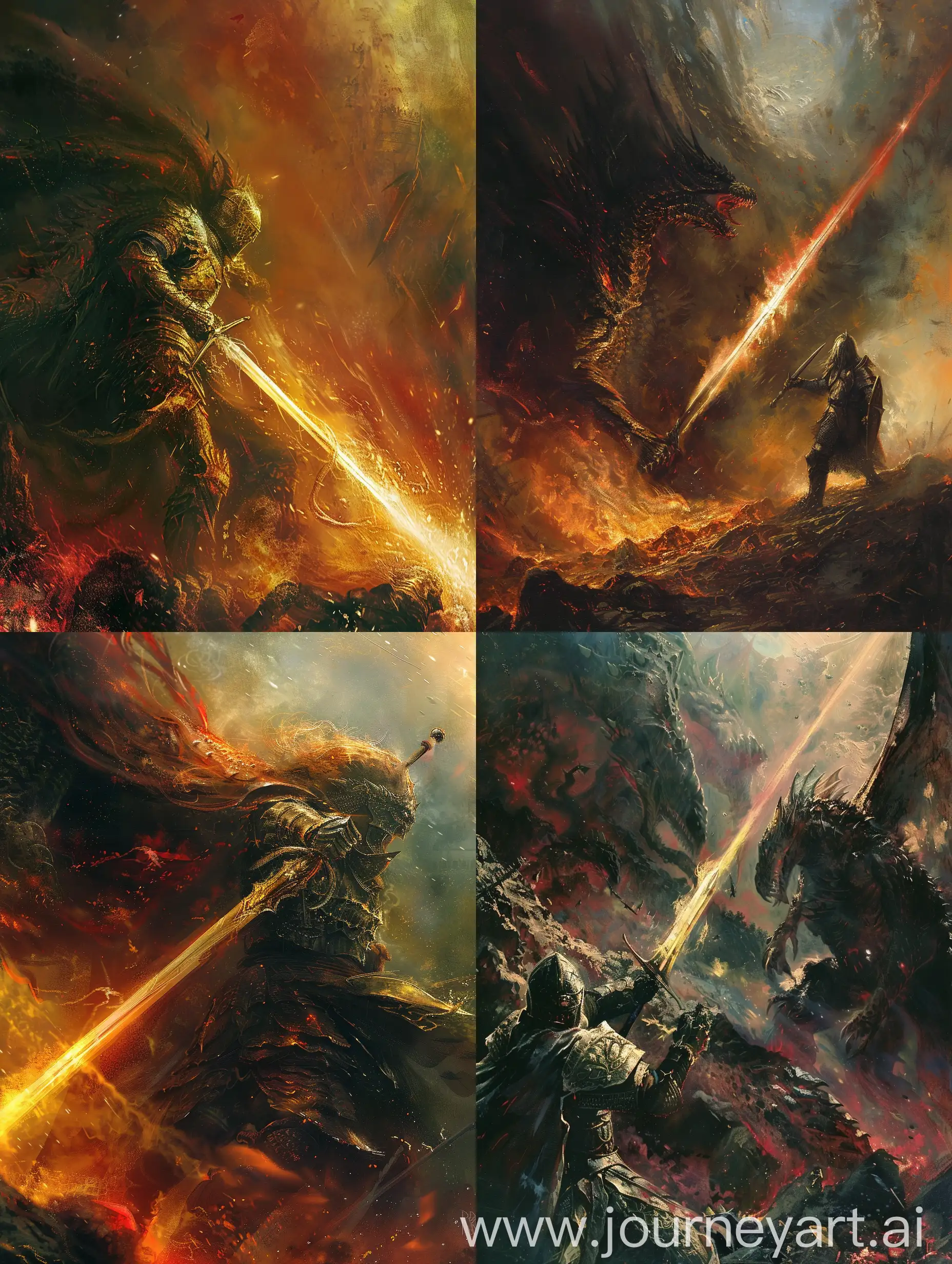 In the midst of battle, a courageous warrior bravely faces off against a fierce dragon with a sword ablaze with light. The warrior's armor gleams in the sunlight, showing signs of battle-worn experience, while the dragon's scales shimmer in hues of fiery red and obsidian black. This dramatic scene is depicted in a detailed and vibrant painting, capturing the intensity and bravery of the combatants. The high level of artistry and intricate detail in this image truly brings the epic showdown to life, making it a visually stunning masterpiece. Distant view. Far view.