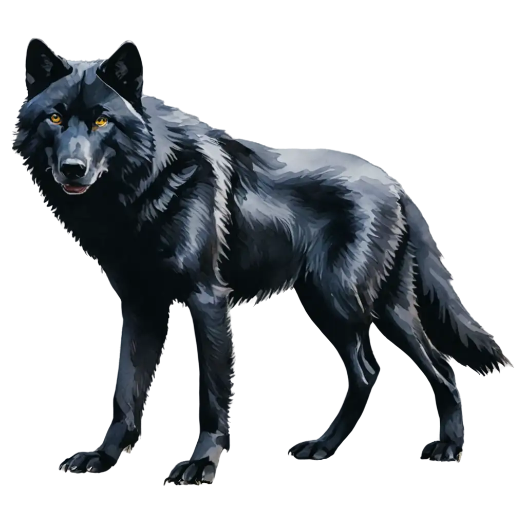 black wolf, watercolor, slight snarl, walking