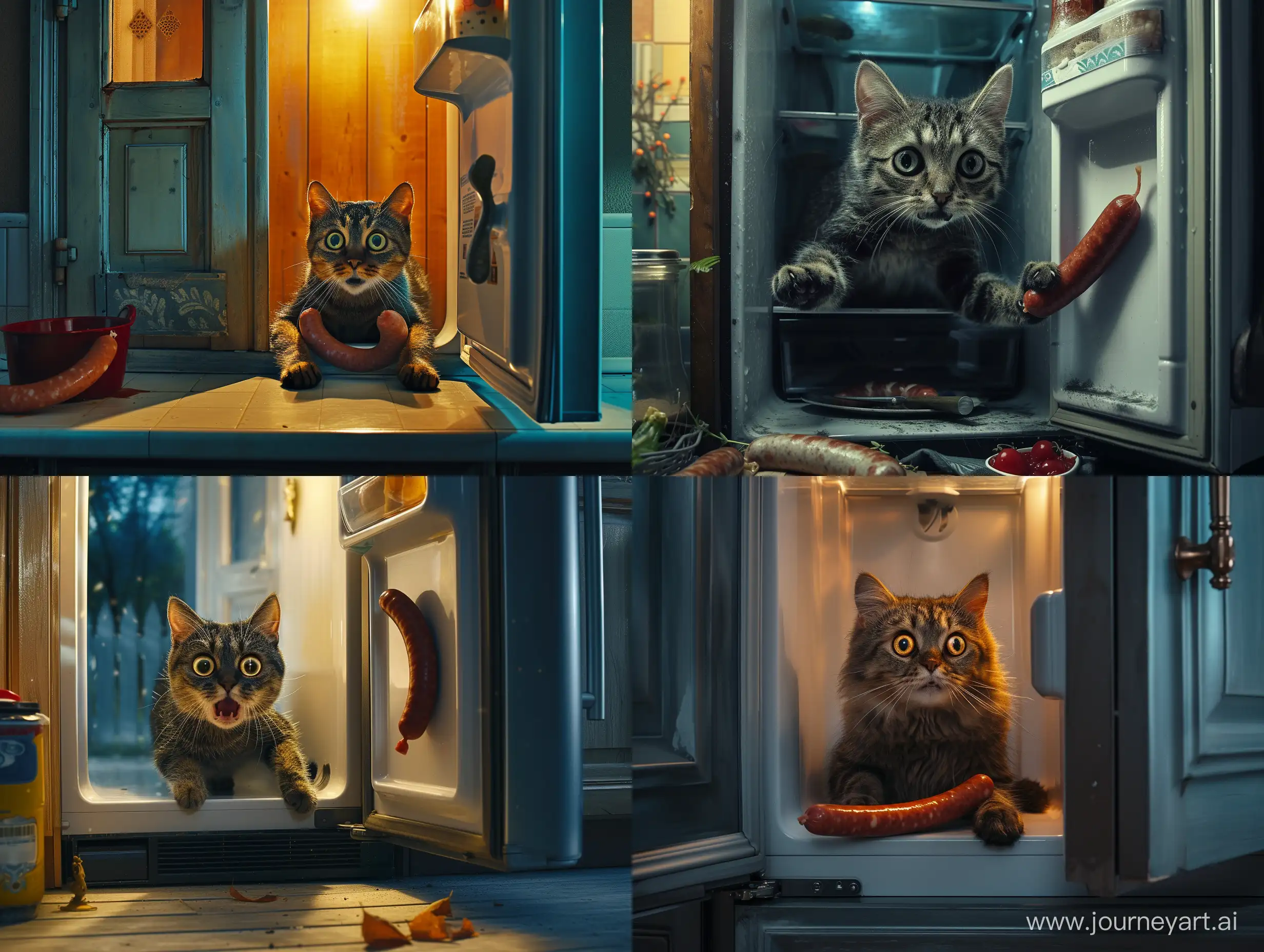 Creative and non-standard advertising, good detail, commercial photography, funny, in this advertisement the cat sneaks into the kitchen at night in order to get into the refrigerator, the ninja cat, humorous advertising, the cat is scared, the door to the refrigerator is opened, the overeated cat looks with frightened eyes, and a sausage is clamped in his paws