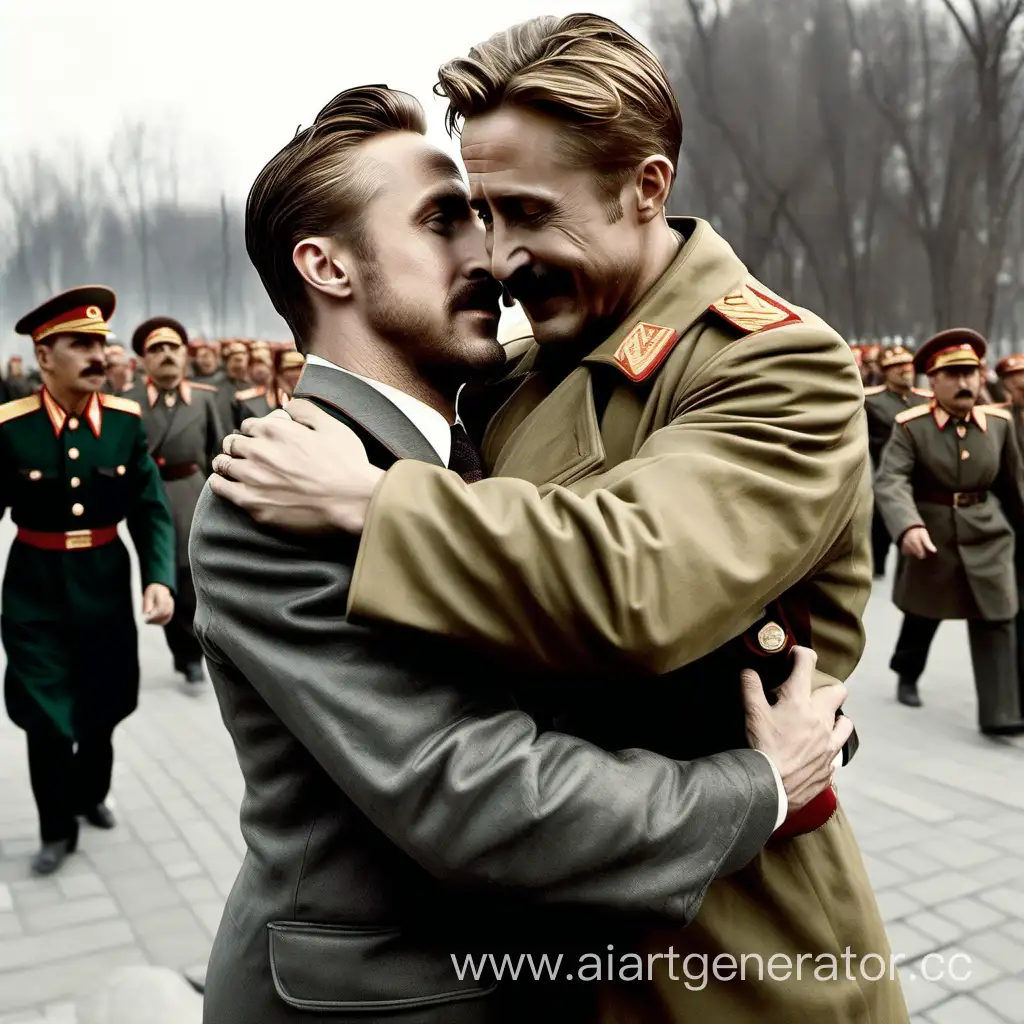 Ryan-Gosling-Embraces-Comrade-Stalin-in-a-Historic-Hug