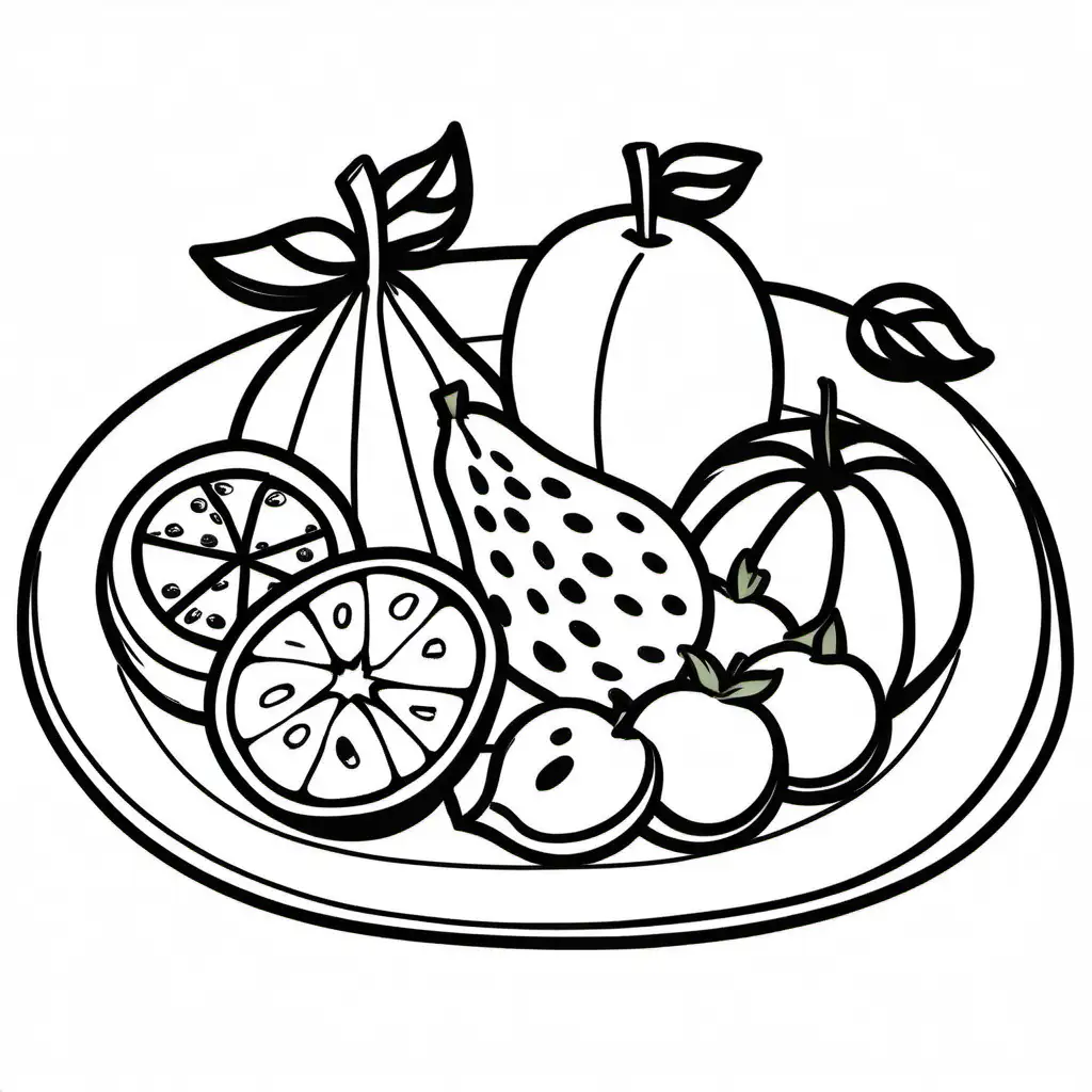 Create a bold and clean line drawing  a Fruit platter.  without any background, Coloring Page, black and white, line art, white background, Simplicity, Ample White Space. The background of the coloring page is plain white to make it easy for young children to color within the lines. The outlines of all the subjects are easy to distinguish, making it simple for kids to color without too much difficulty