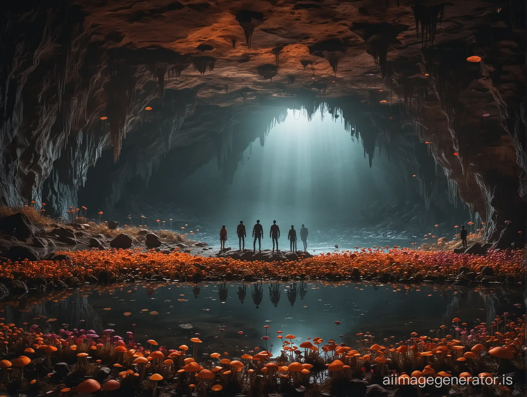 silhouettes of people standing on the shore of an underground lake in the middle of a dark cave overgrown with colorful mushrooms, fantasy ,