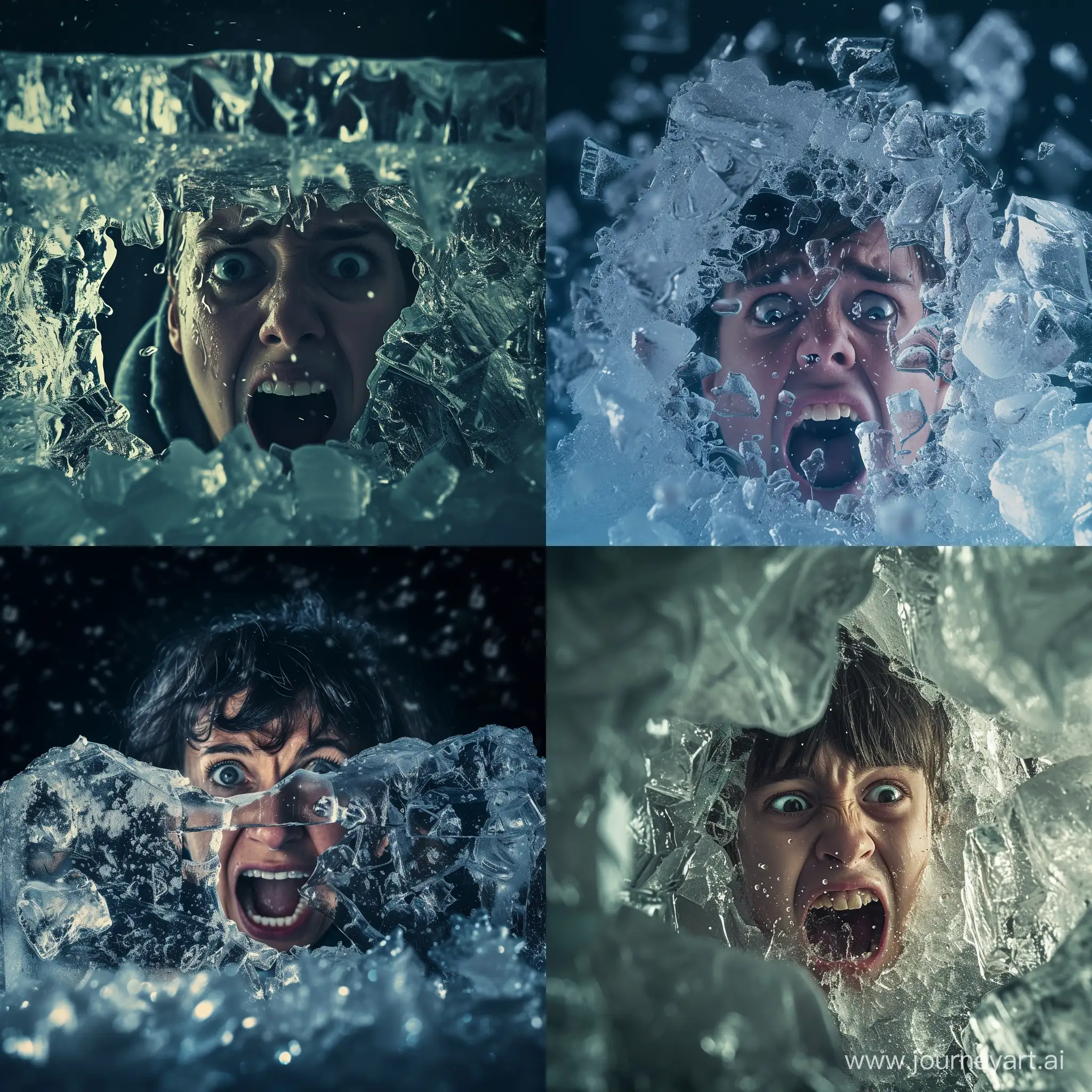 A person screaming behind a thick piece of ice with a fearful expression, horror --v 6 --ar 1:1 --no 38430