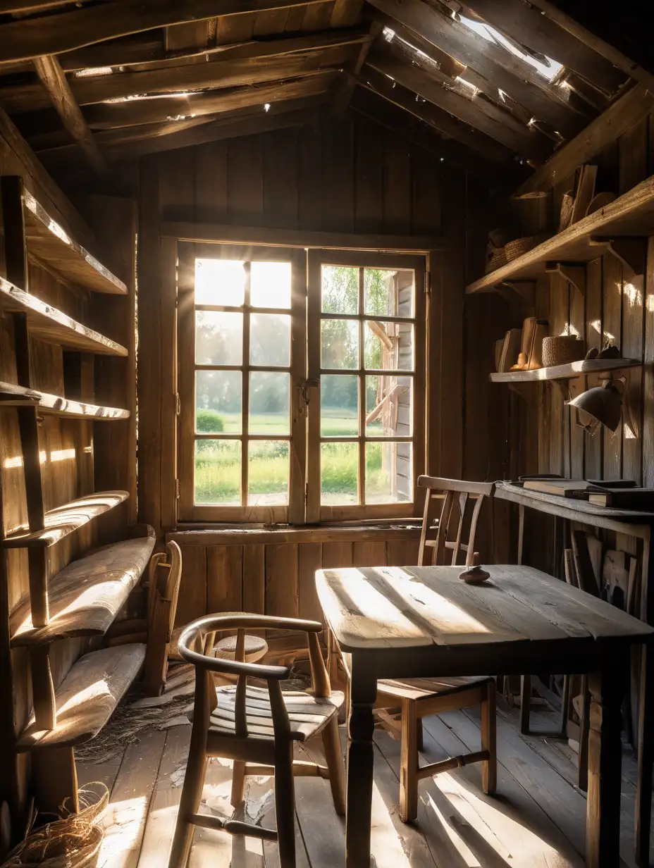 破旧的木屋，窗边的木桌子，木架子，一把木椅子，阳光从窗口射进来