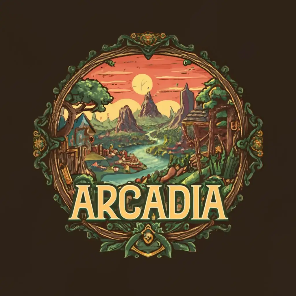 logo, Gaming, adventure, player, environment, with the text "Arcadia", typography