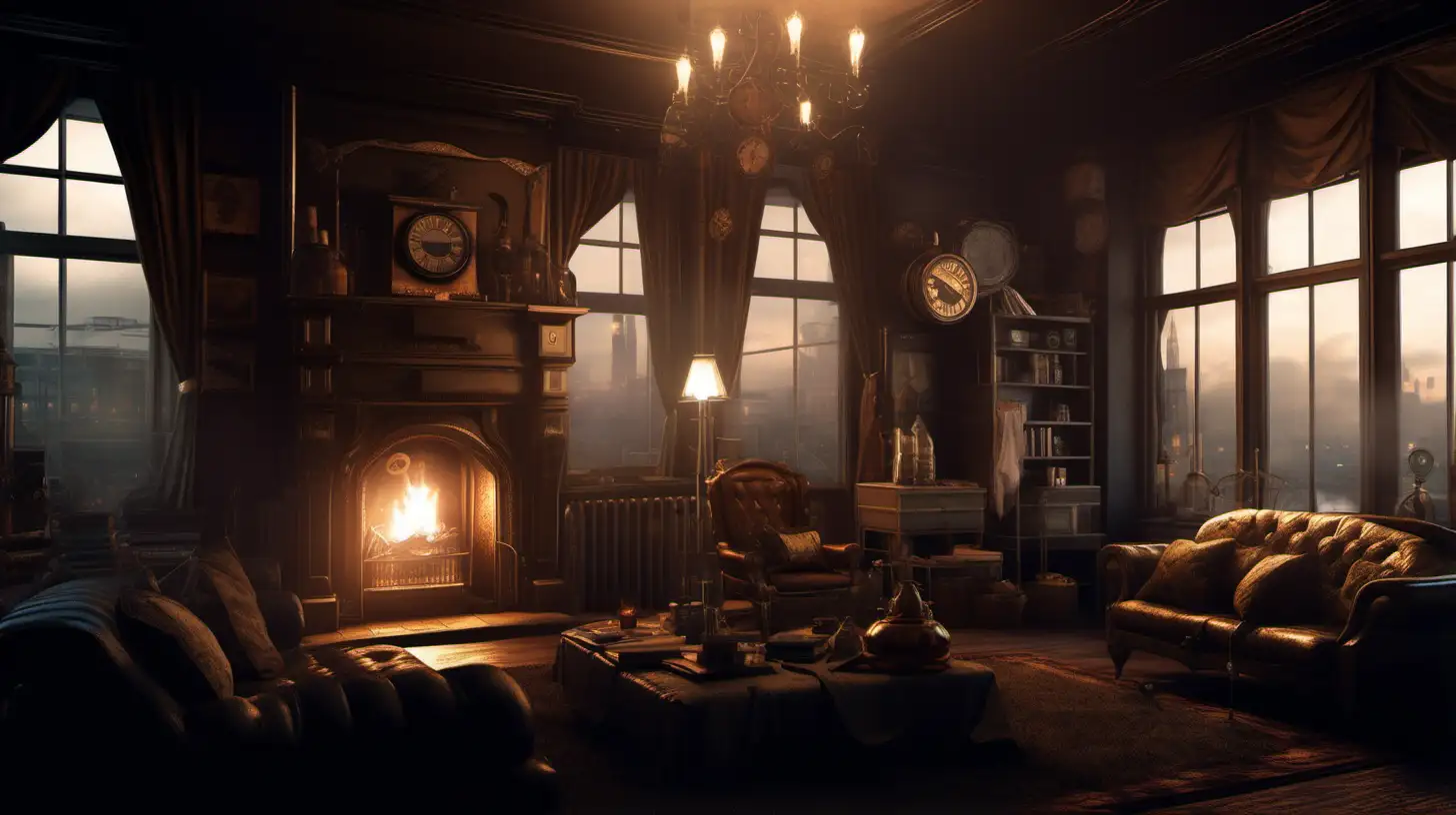 A dim living room with a fireplace and large bay window, steam-punk inspired. Highly detailed, cinematic lighting, photographic quality.