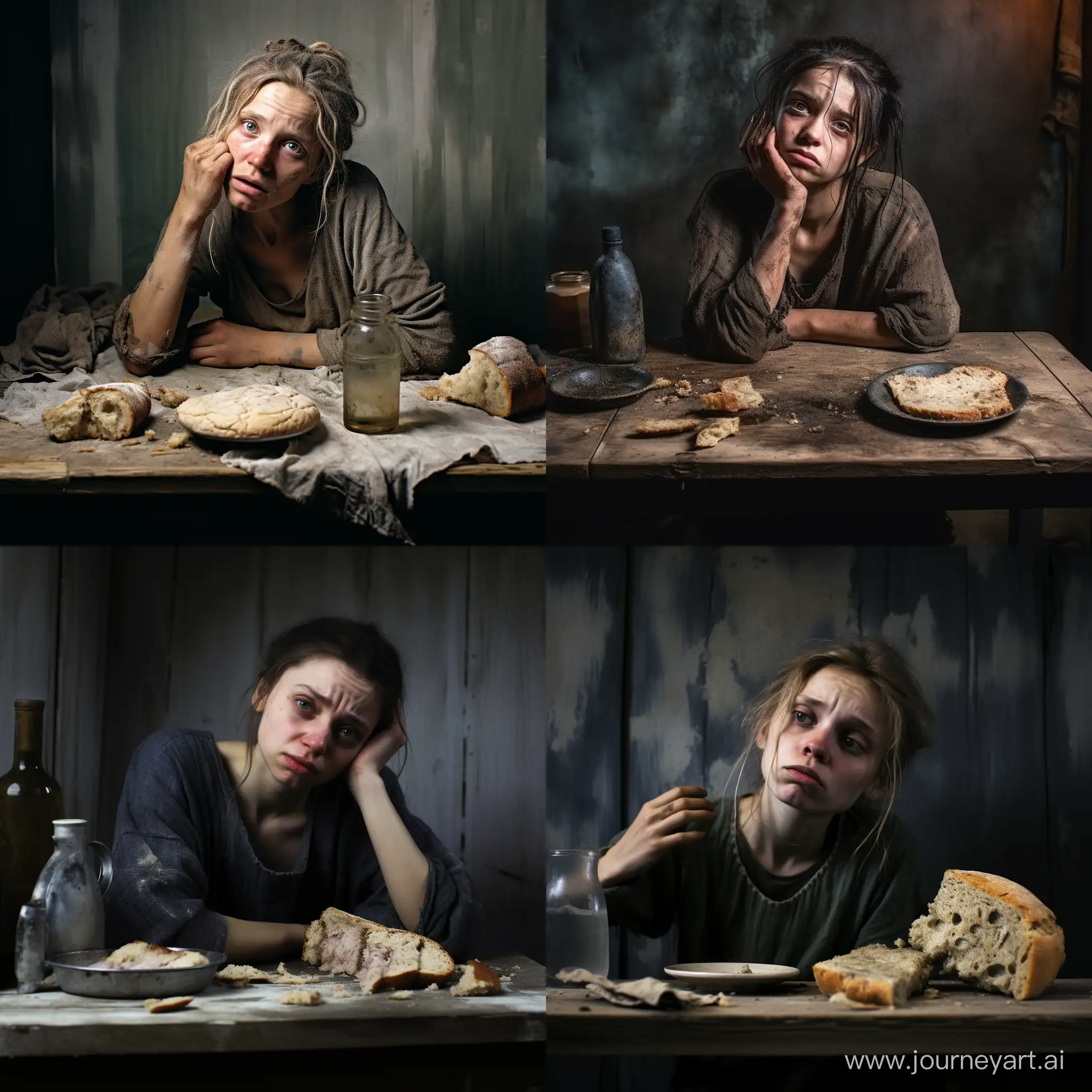 Sorrowful-Girl-in-Dilapidated-Kitchen-with-Moldy-Bread-Hyperrealistic-Photography