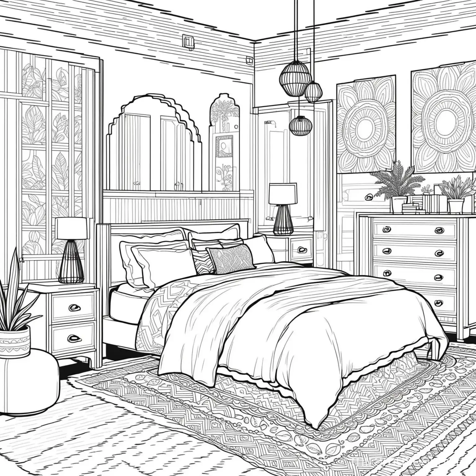adult coloring page, black and white, easy to color, home interior design, bedroom, unique, modern, boho, cute, Scandinavian
