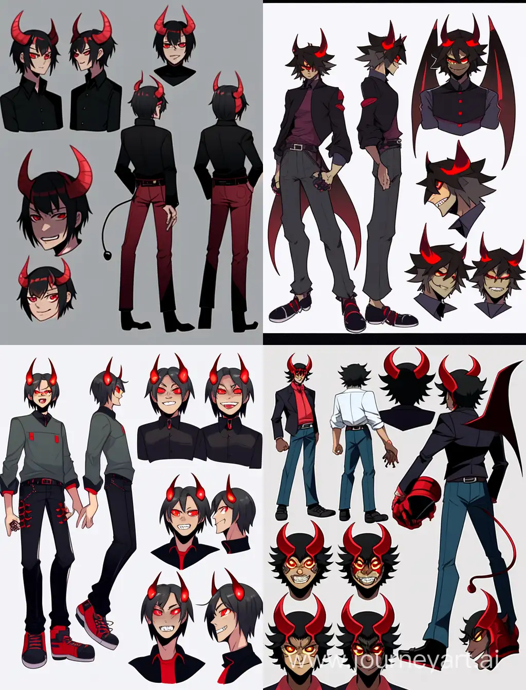 carton reference,  tv head, red demon humanization, dark hair,  evil smile full-body reference sheet 