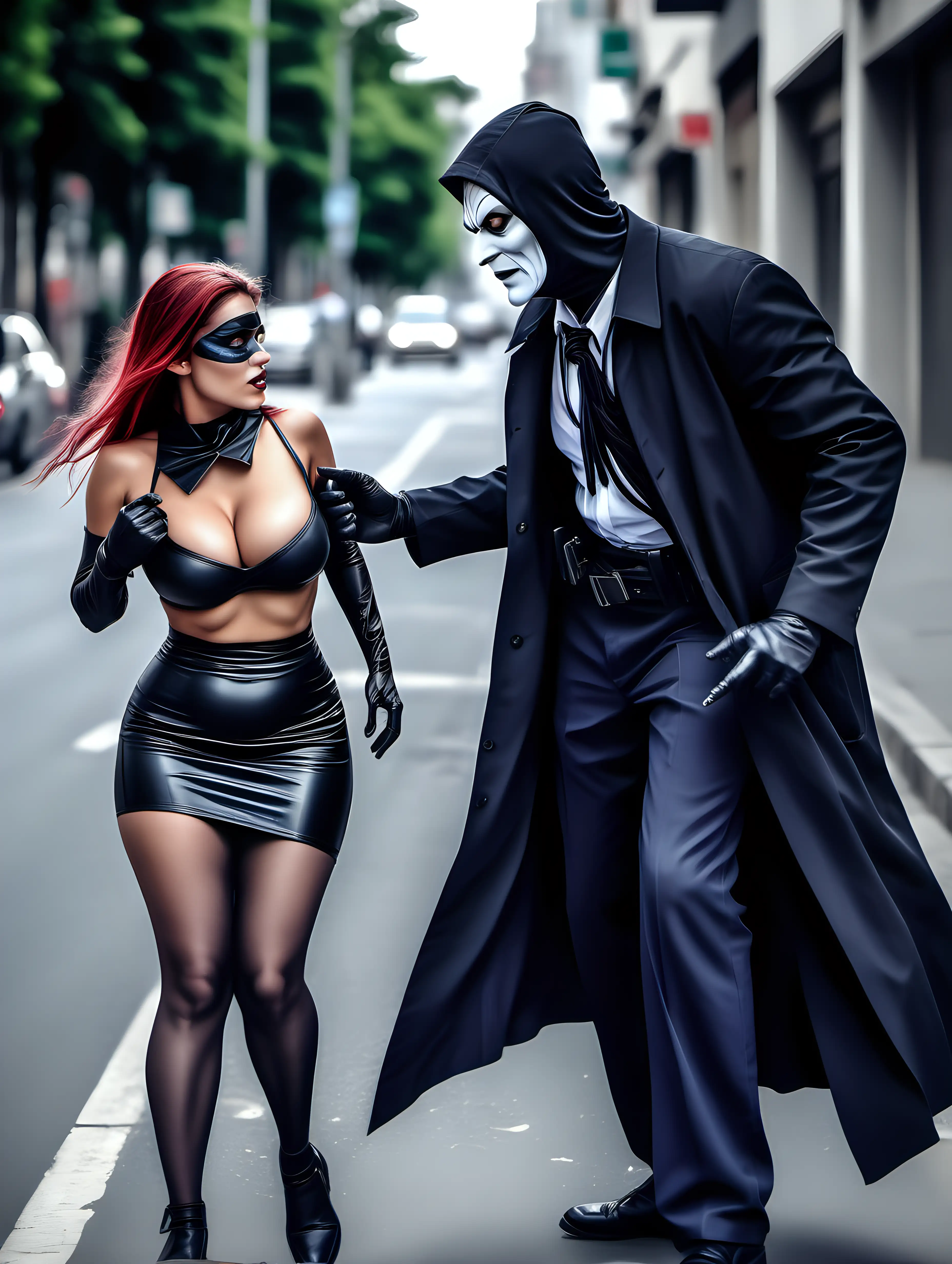 Unique villain hoaxer robbing a young busty woman on the street, fine detail.