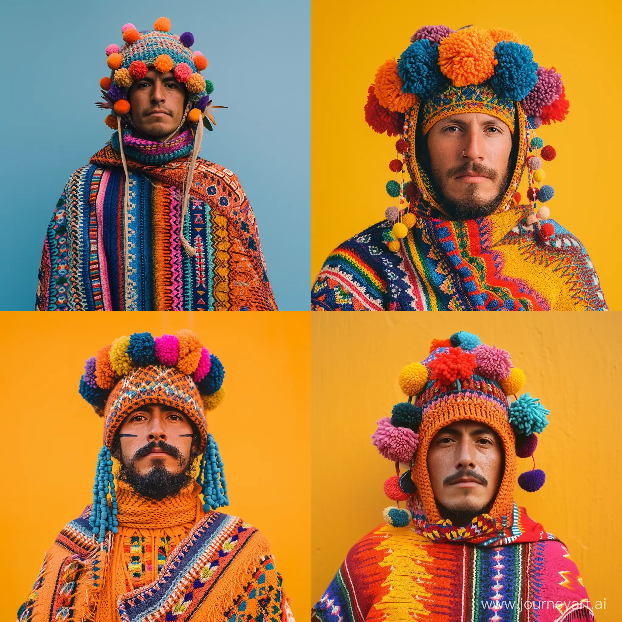 Man-in-Knitted-Helmet-and-Pompons-Wearing-Colorful-Mexican-Traditional-Clothing-on-Kodak-Minimalism-Flat-Background