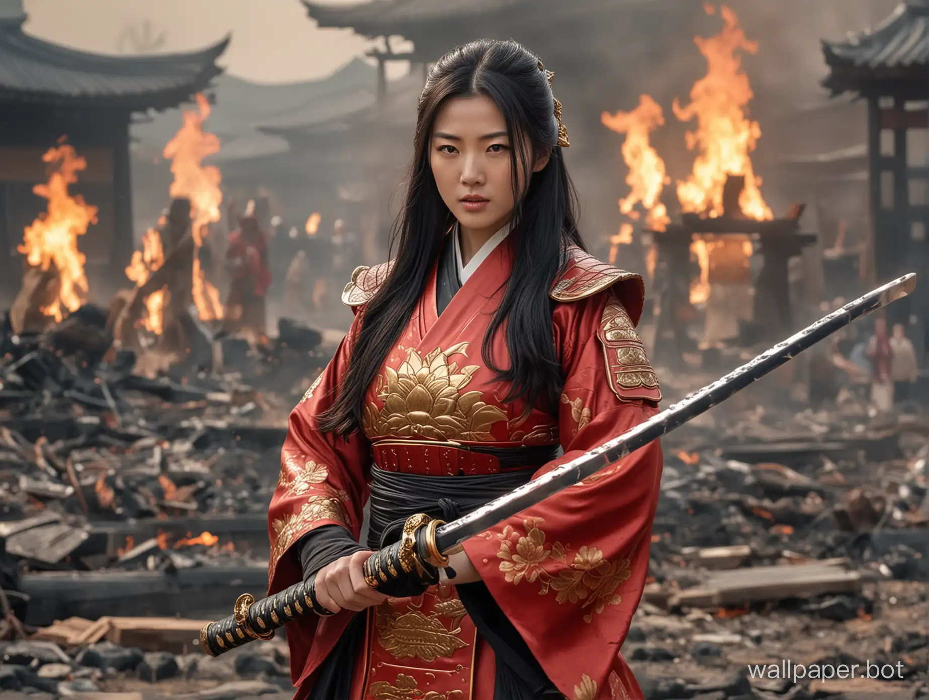 Epic-Battle-of-the-Female-Samurai-Jun-Jihyun-Wielding-Flame-Katana-in-Burning-Edo-City