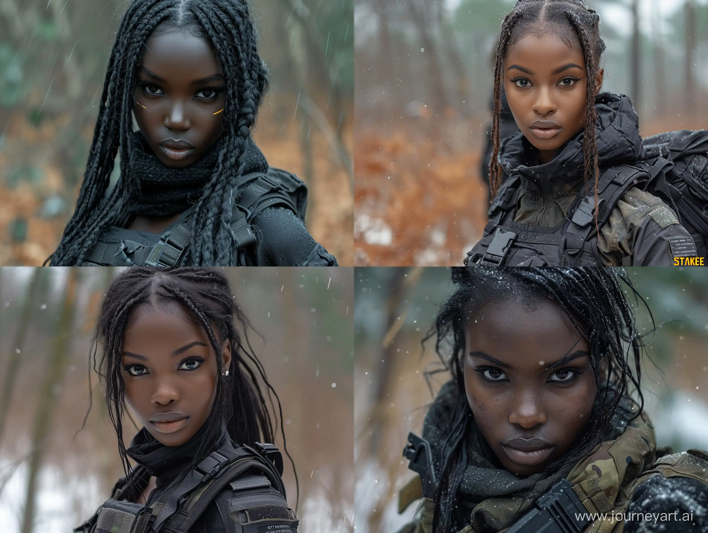 Beautiful ebony skin female mercenary black tactical equipment dead trees S.T.A.L.K.E.R  --s 999  --style raw --v 6