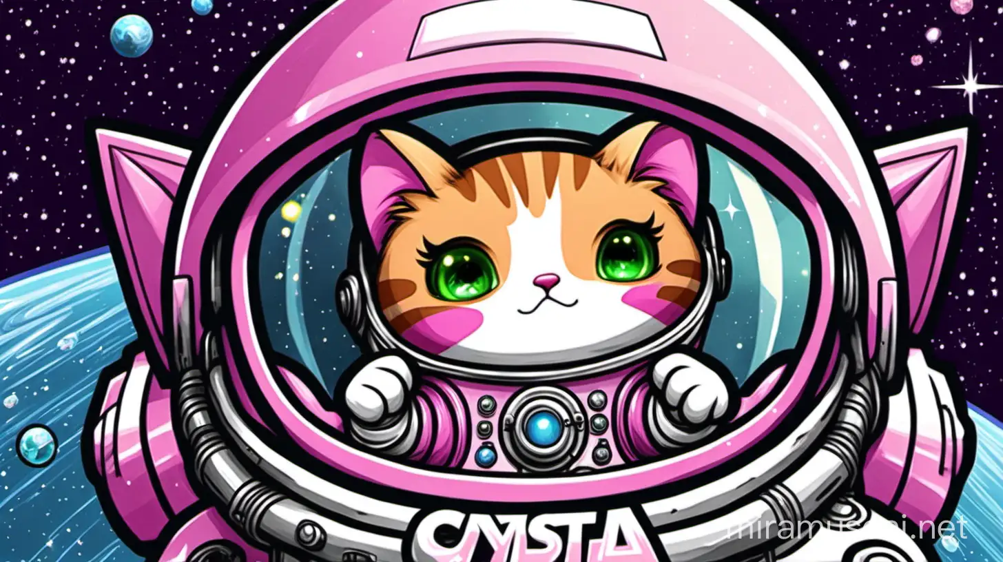 Pink Cartoon Cat in Space Helmet Saying Crystal I Love You