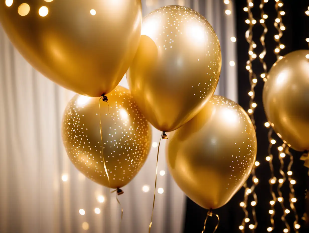 gold balloons, twinkle lights, gold confetti, close up angle of balloons. Bokeh effect from the twinkle lights