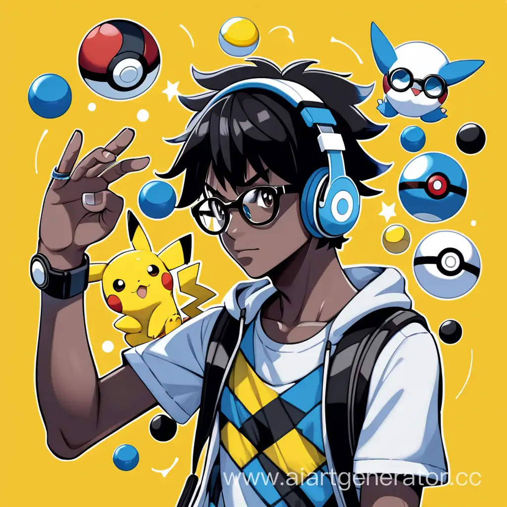 Pokemon Trainer
Black skin
short hair
black hair
Pokeballs
Music
blue and yellow background
glasses
Male
Headphones