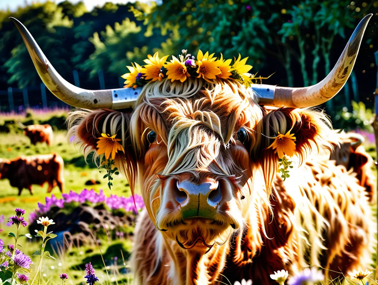 Highland Cow Portrait with Sunlit Flower Crown