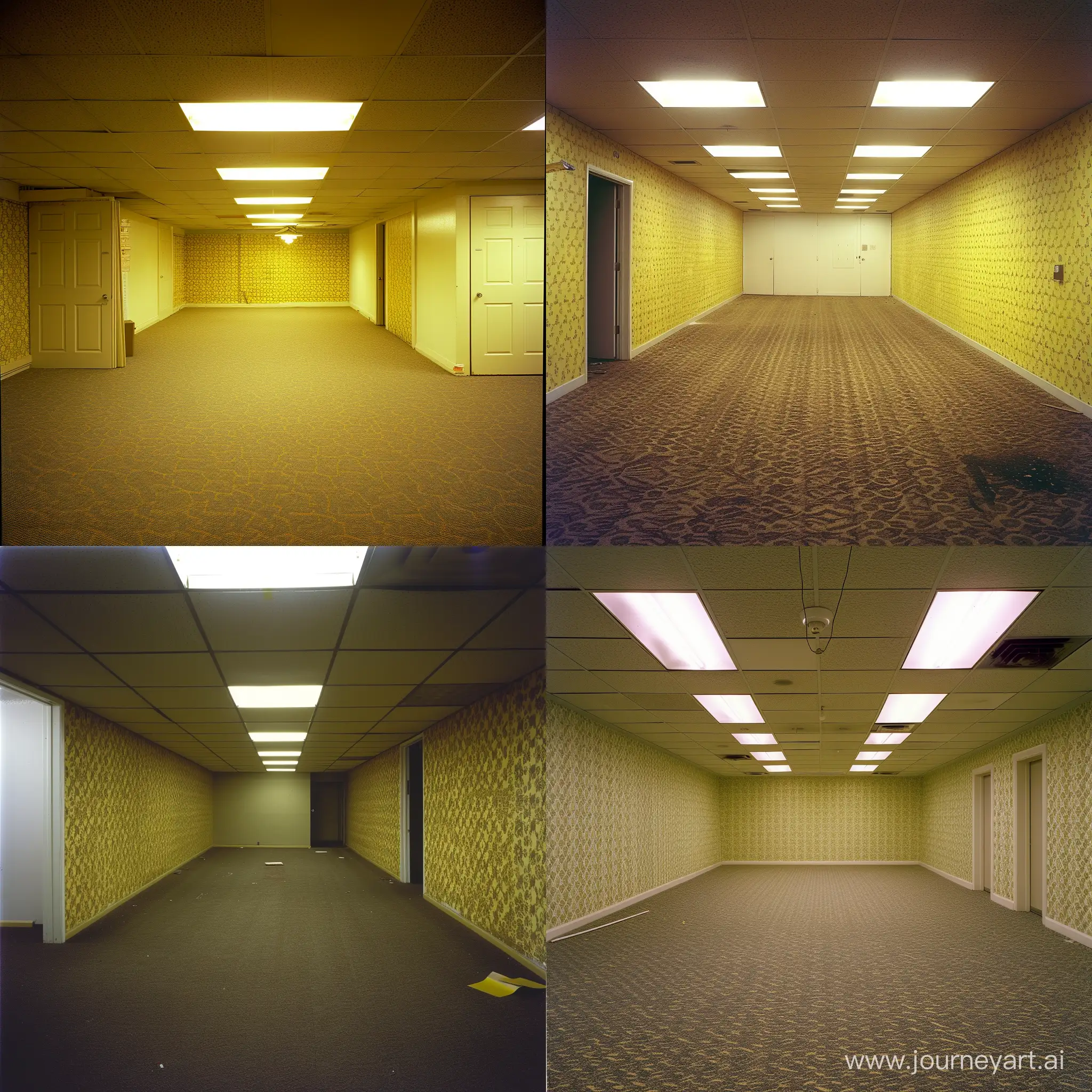 Liminal space, the backrooms, office/thrift store/social hall, carpet, empty, fluorescent lighting, monochrome yellow wallpaper, early 2000s camcorder footage, nonsensical architecturesourceid=chrome