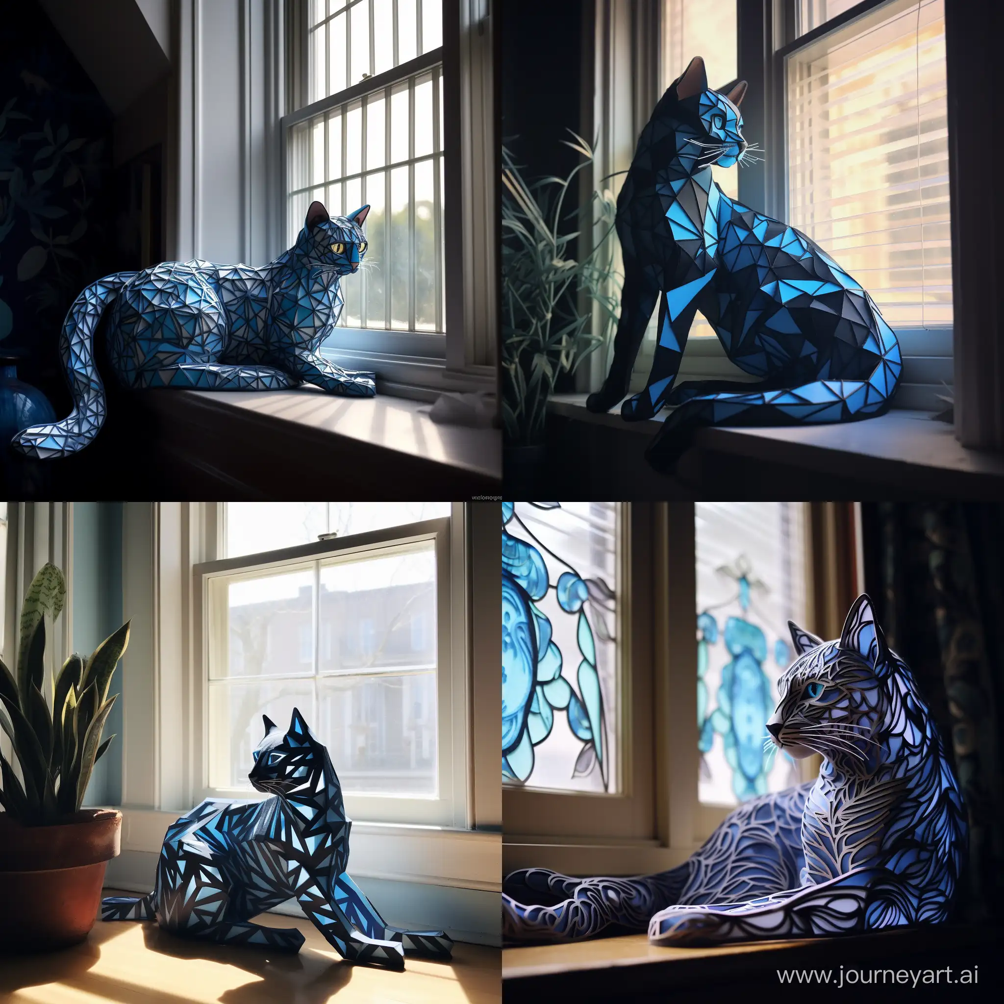 Relaxed-Blue-Cat-with-Black-Patterns-Lounging-by-Window-in-Paper-Art