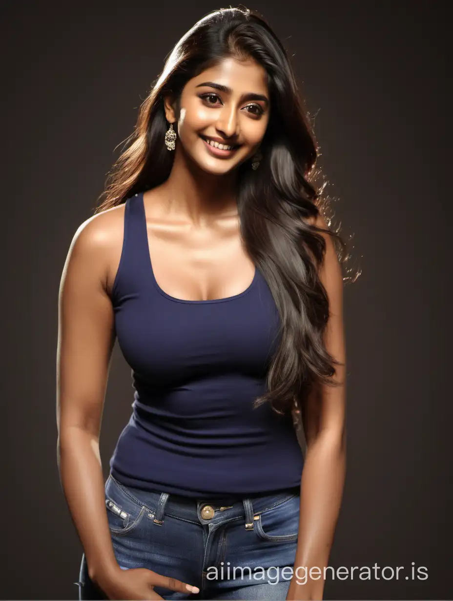 busty pooja hegde in a tight tank top with long hair smiling