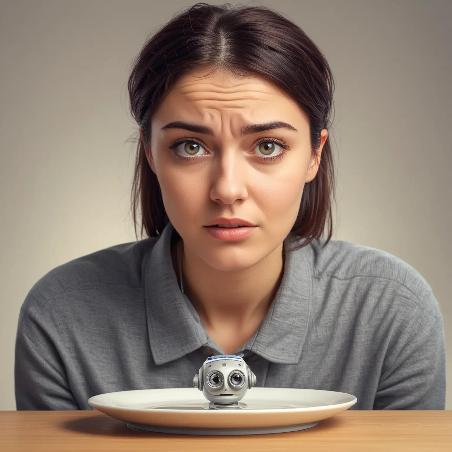 a woman with a dissatisfied look rejecting an overflowing plate of chatbots eye level perspective
--ar 2:3 --sref https://s.mj.run/87Sjf94hFiI ::1.5 <https://s.mj.run/BdQFQve9VPQ>
