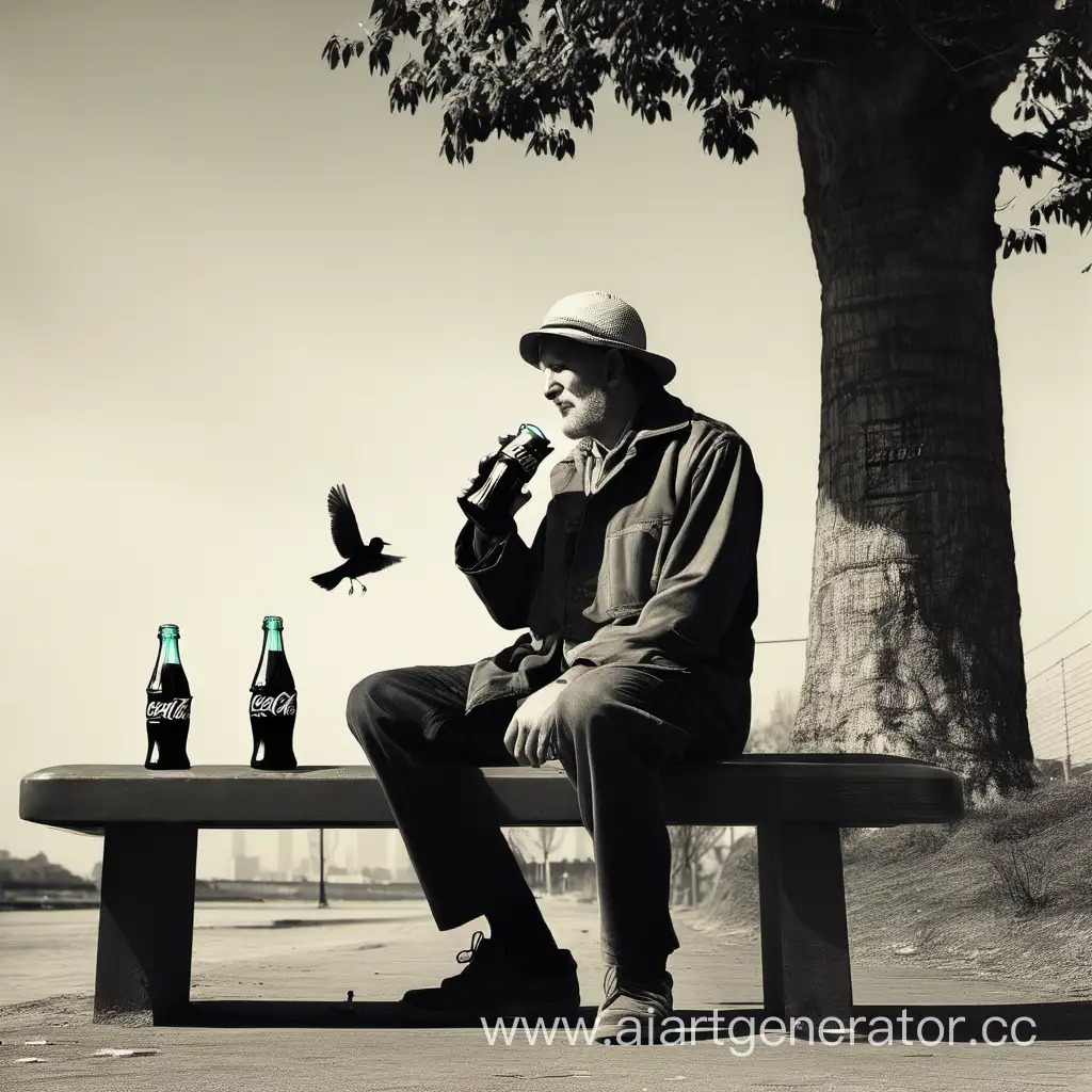 Man sitting on a bench and looking at a bird, drinking coca-cola with glass bottle