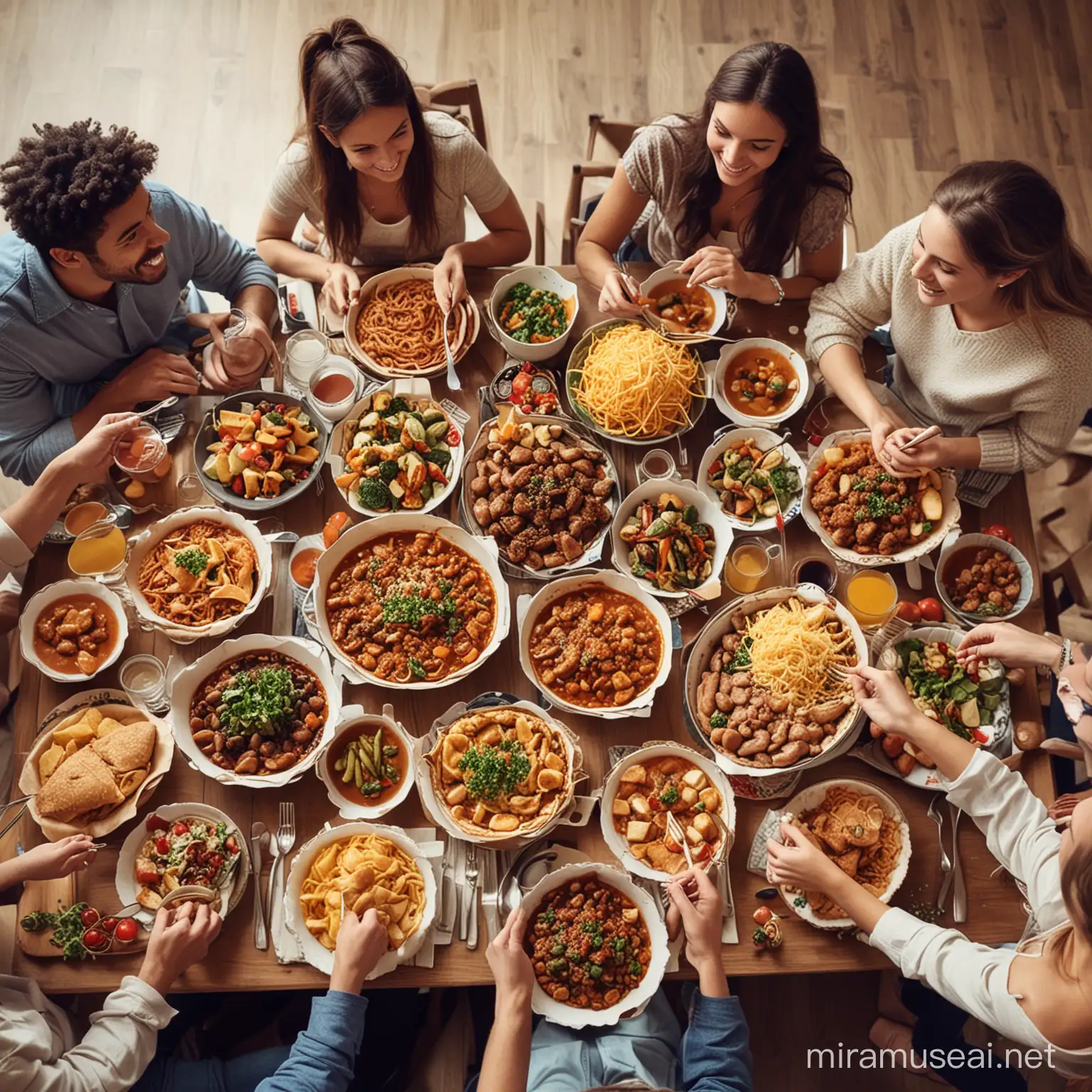 Friends eating huge amount of delicious food in cosy apartament