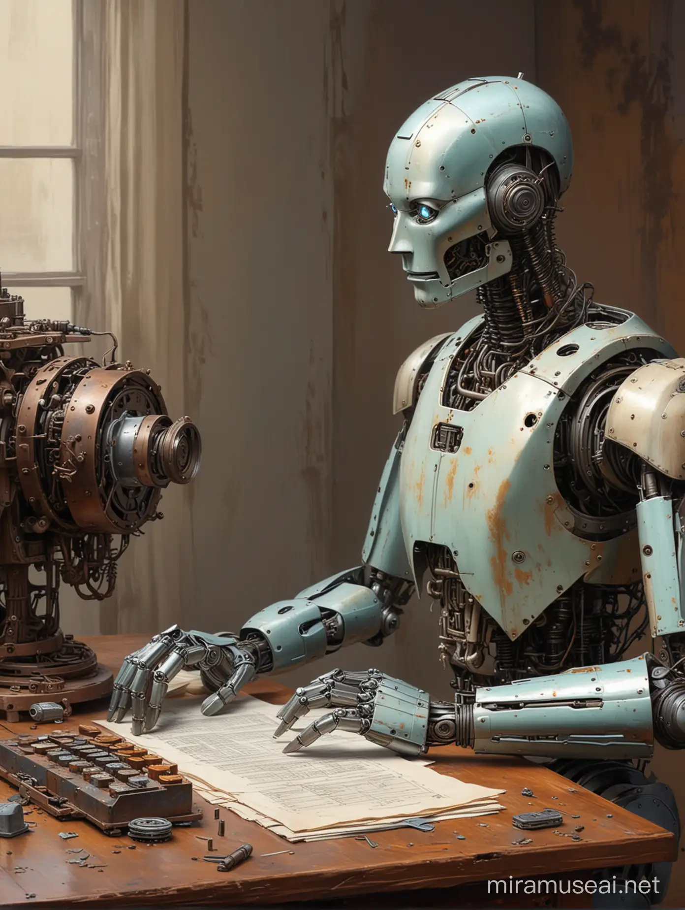 Highly detailed painting, a smooth metal humanoid robot sits at a desk and stares at a rusty antique Calculating machine, use muted pastel colors only, high quality