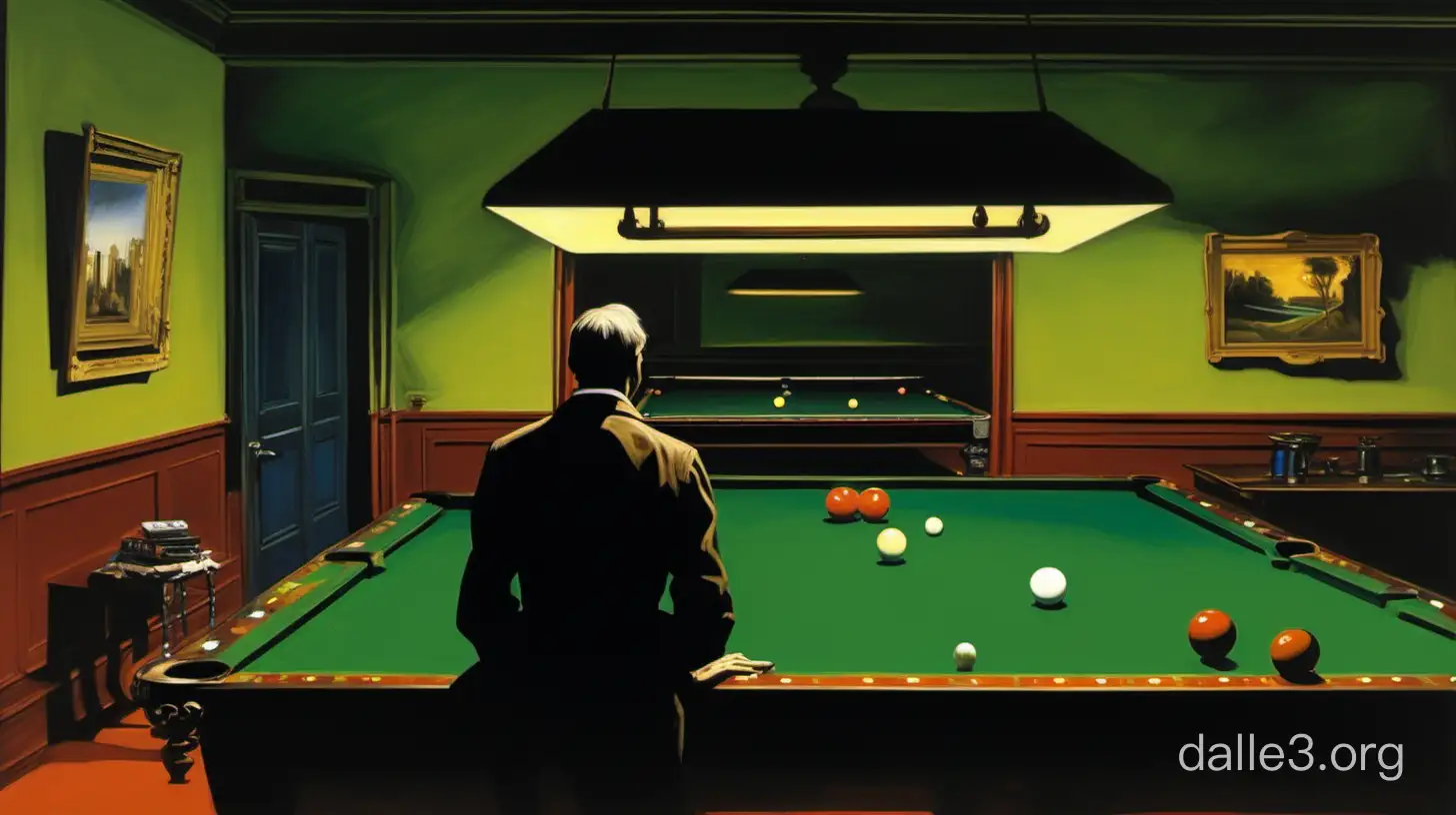 Description: The painting depicts a dimly lit billiard parlor, reminiscent of Edward Hopper's iconic style. The room is bathed in a warm, amber glow emanating from the overhead lights, casting long shadows across the green felt of the pool table. In the foreground, a solitary figure leans against the edge of the table, cue in hand, deep in contemplation as they survey the arrangement of balls. The figure's posture suggests a moment of introspection, perhaps lost in thought or deliberation. The surrounding space is sparsely populated, with empty chairs and unused cues lining the walls, enhancing the sense of quietude and isolation. Through the large window at the back of the room, the viewer catches a glimpse of the outside world, where the darkness of night envelops the urban landscape beyond. The overall atmosphere exudes a sense of melancholy and solitude, inviting the viewer to ponder the mysteries hidden within the stillness of the scene.
