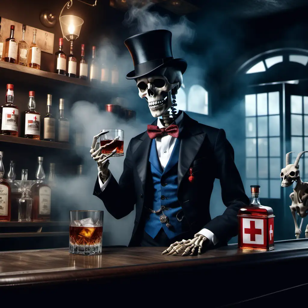 UHD, 8k, A photorealistic surrealist picture of an elegant gentleman skeleton wearing a morning suit and a black top hat with a red cross on it, blue waistcoat, smoky atmosphere, scull forms, standing at a bar with two goats drinking whisky in front of a medical dukebox machine