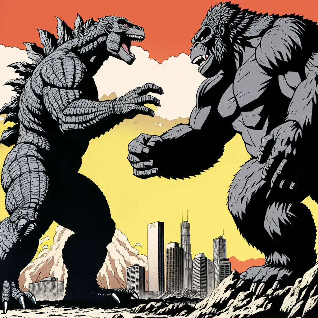 AnimeStyle Godzilla and King Kong Battle Royale in Urban Cityscape