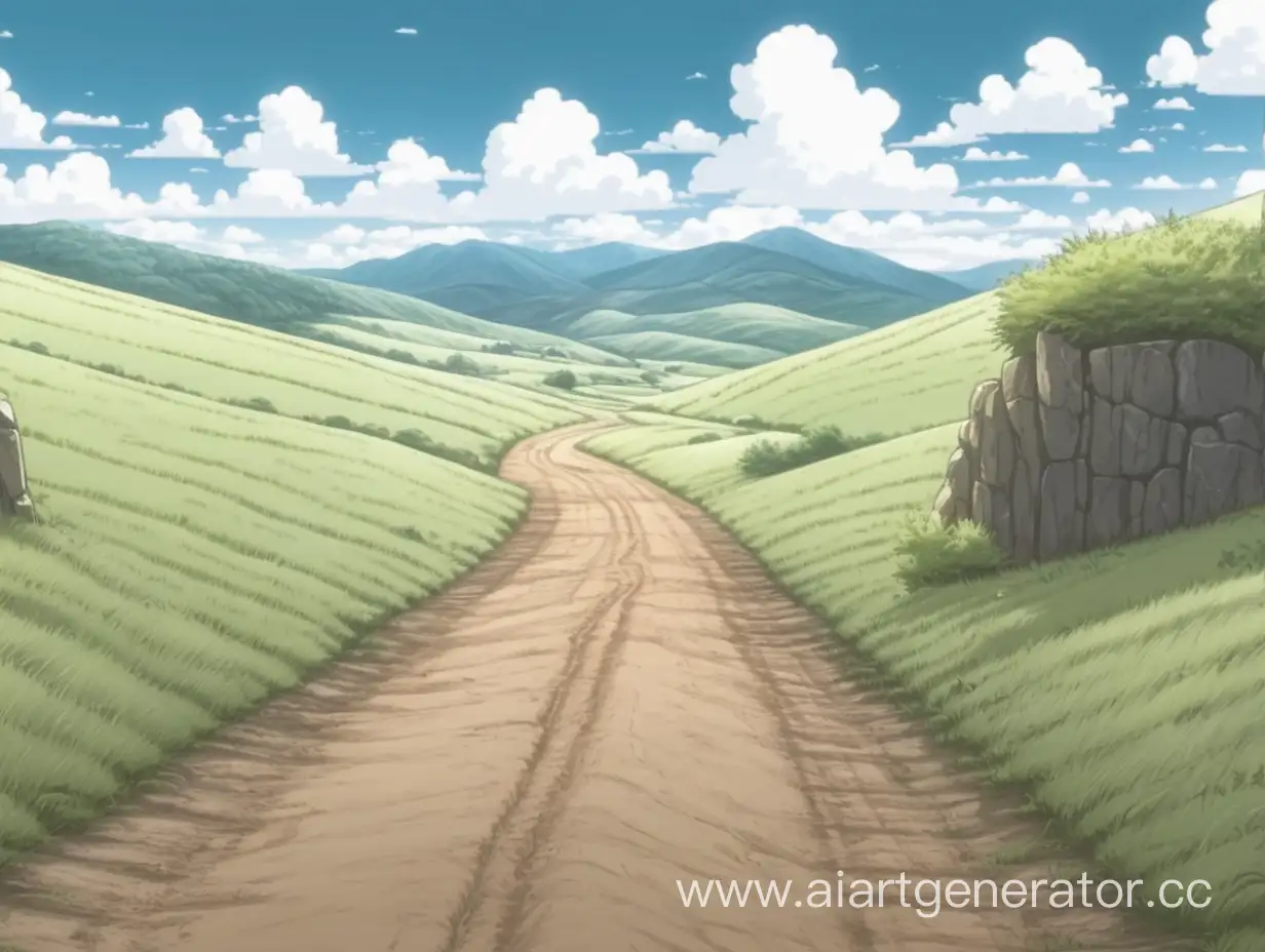 animestyle dirt road between hills