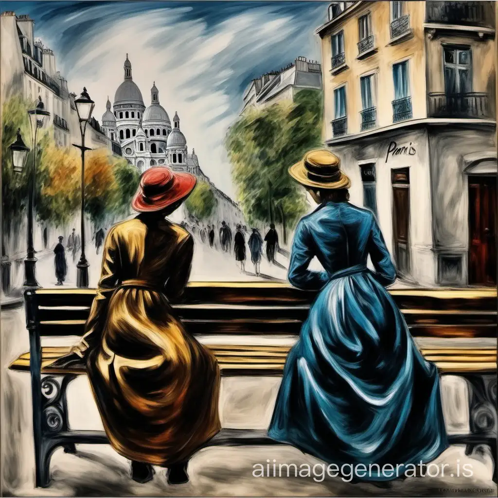 I would like a painting of Paris in 2023. In the afternoon. At Montmartre. Two women are sitting on a BENCH, having a conversation. It is very hot; DRAW ME THIS SCENE in the style of El Greco