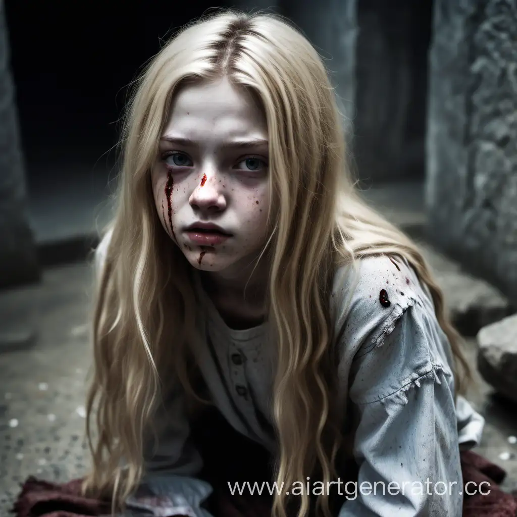 Create an image of the character below with these two characters: Lydia scrambled to Sofia, who was unconsious on the stone floor. Blood was pooling around Sofia's leg. 

Lydia - an 18-year-old woman, who looks mature for her age and is in ragged clothes. With long brown hair, pale skin, and freckles
Sofia - a 14-year-old girl with a youthful, innocent face, dressed in ragged clothes. pale skin, long blonde hair
